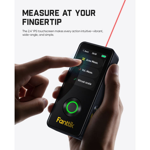 Hand holding a Fanttik Neo A11 Pro Laser Measuring Tool with 'Fanttik' branding, displaying a touchscreen interface.