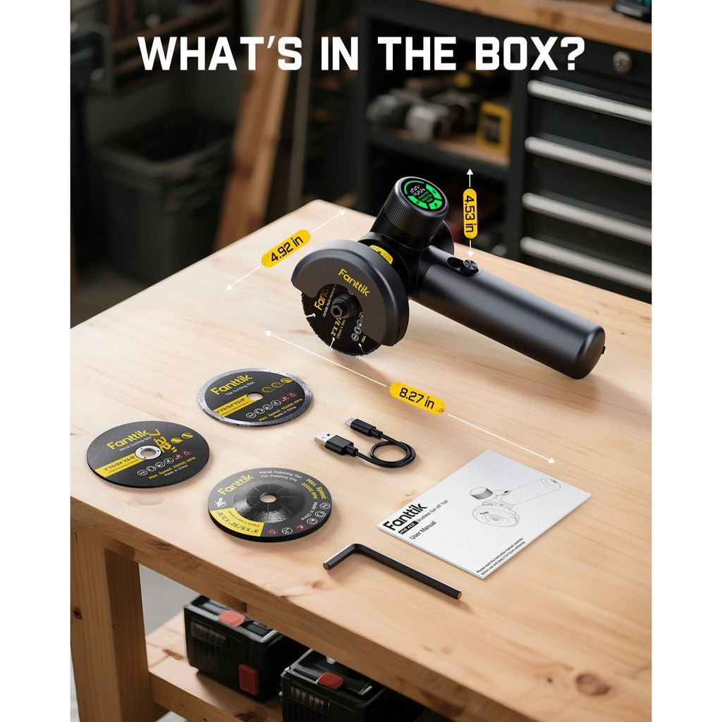 Fanttik M10 ACE cordless angle grinder with metal cutting, tile cutting, and polishing discs, USB-C cable, and manual.