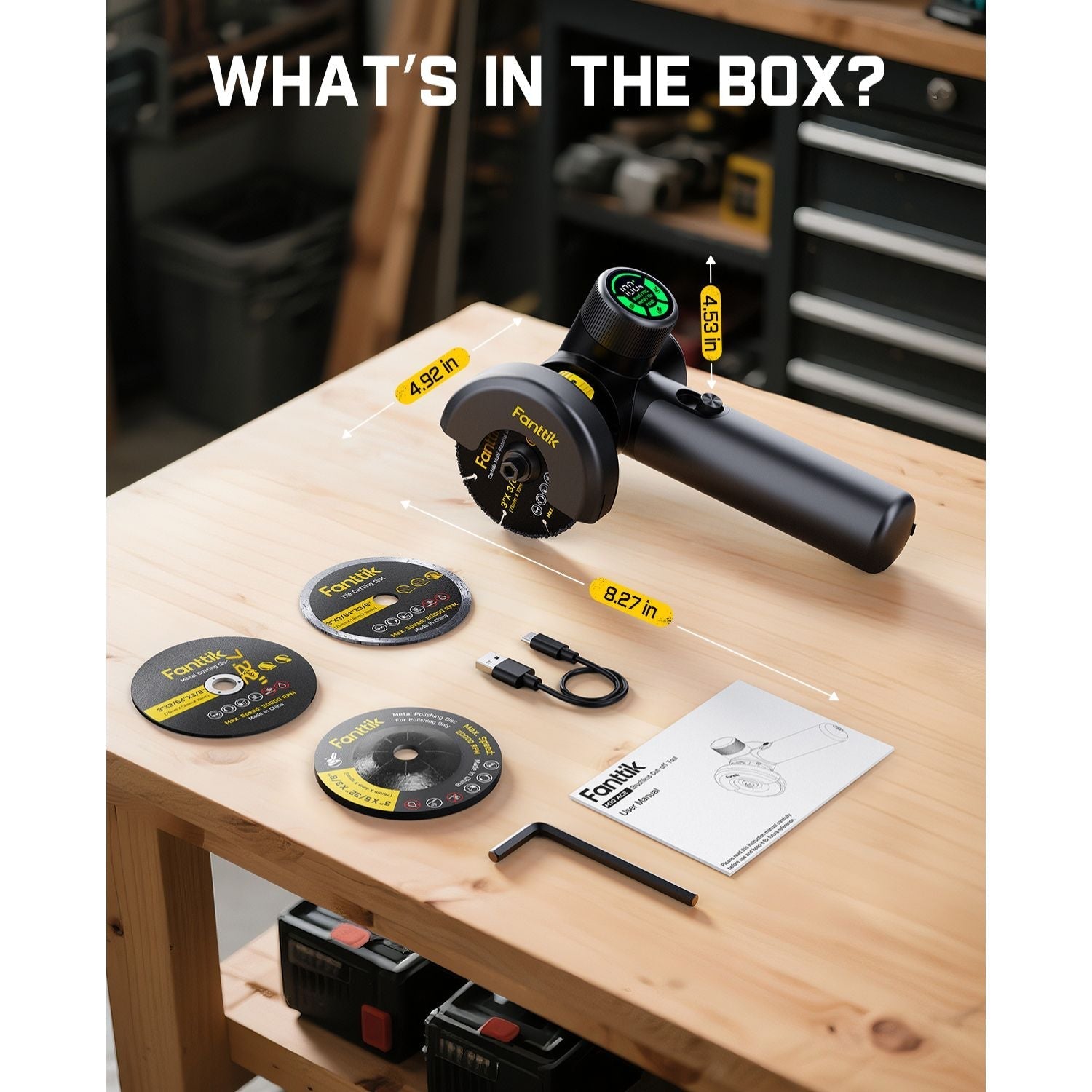 Fanttik M10 ACE cordless angle grinder with metal cutting, tile cutting, and polishing discs, USB-C cable, and manual.