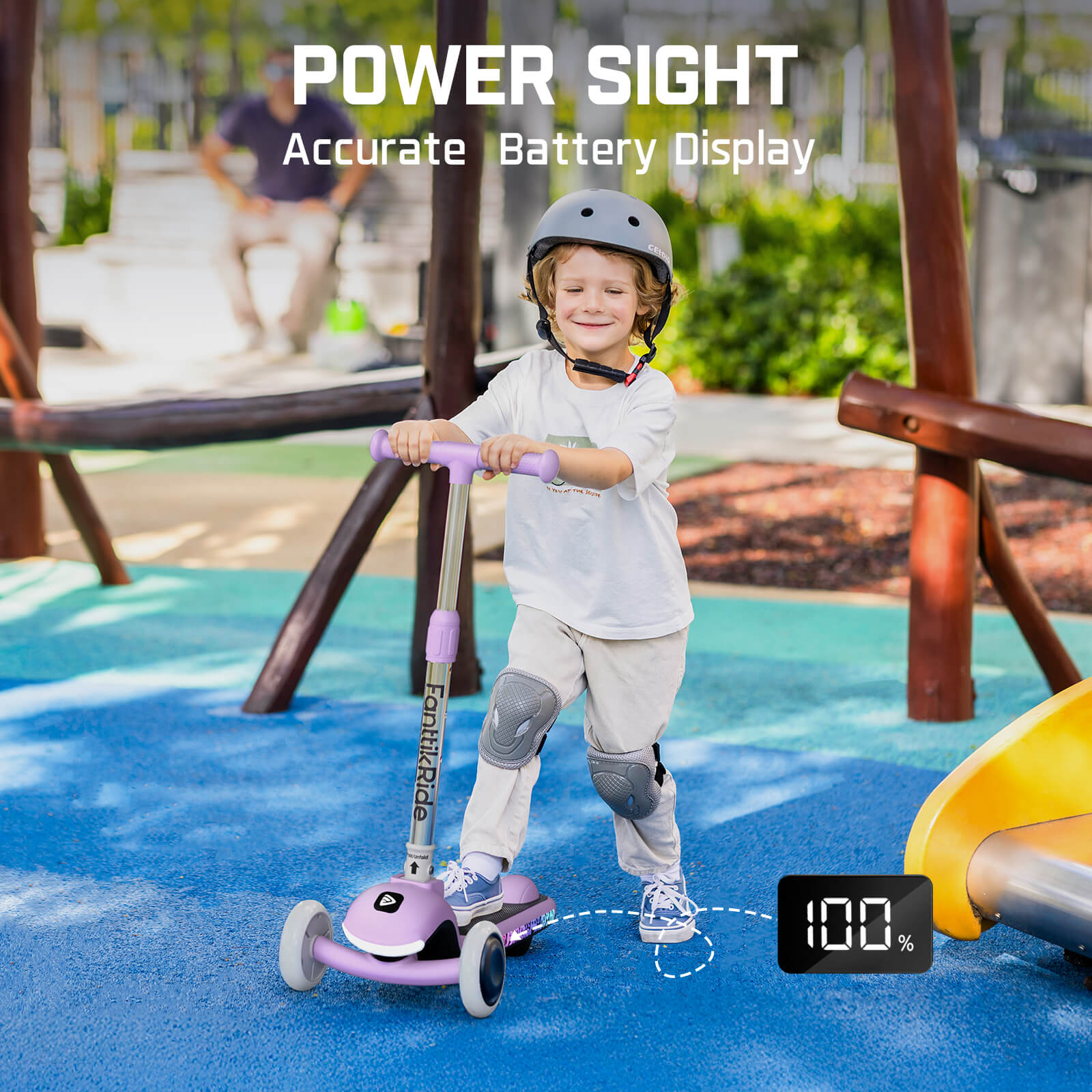 FanttikRide K9 Pro electric scooter for kids with 100% battery display, perfect for ages 3-6.