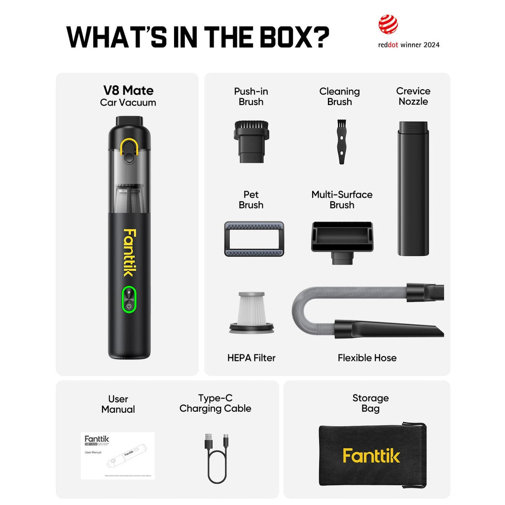 Fanttik V8 Mate Upgraded Cordless Car Vacuum-Black