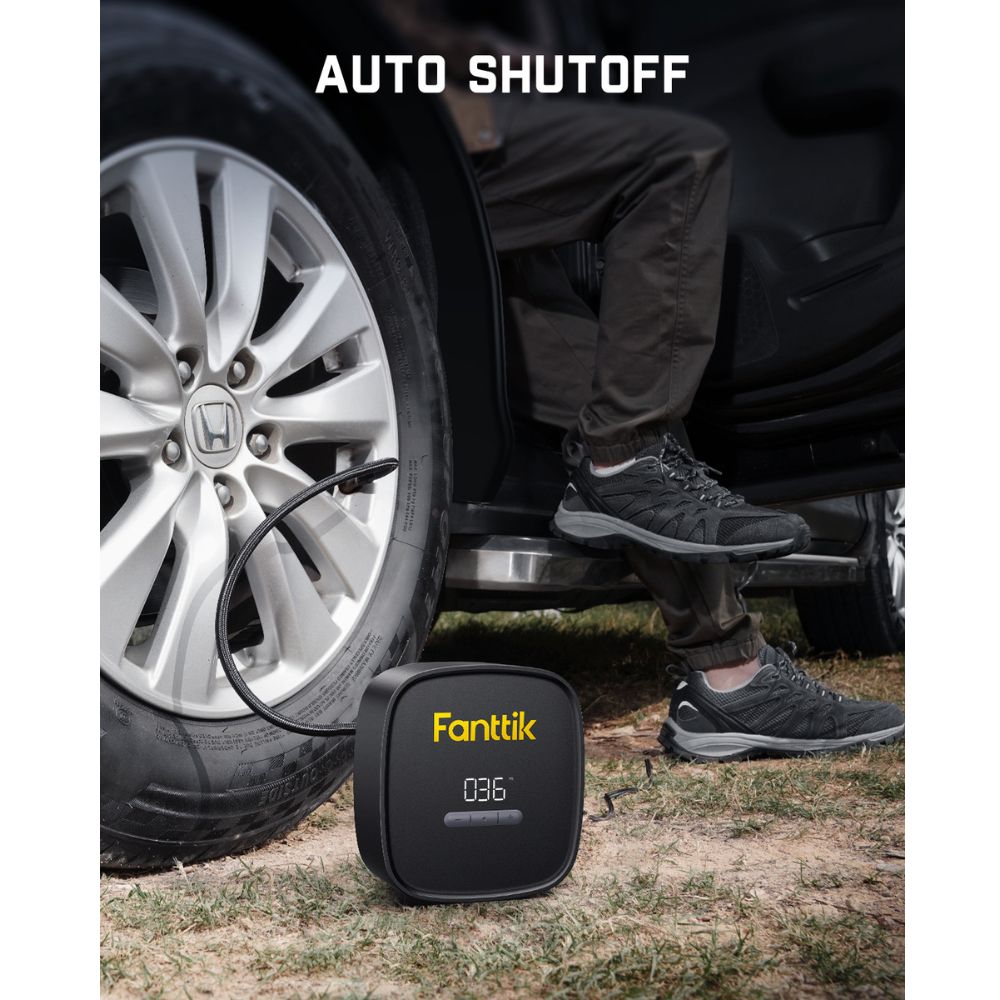 Fanttik X9 SE tire inflator with display showing 036 PSI, connected to car tire. Auto Shutoff feature.