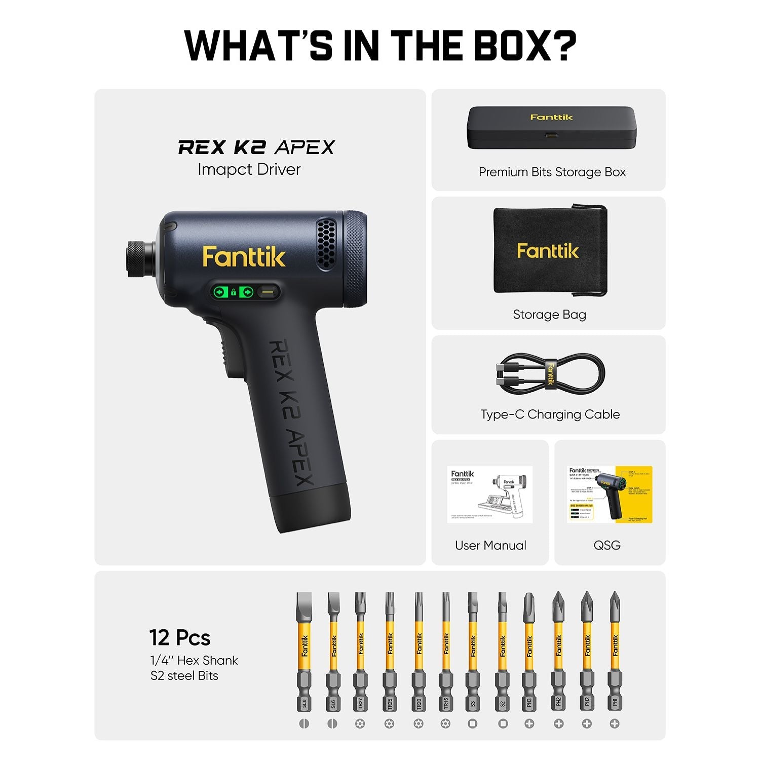Fanttik REX K2 APEX impact driver kit with 12 S2 steel bits, storage box, bag, and Type-C cable