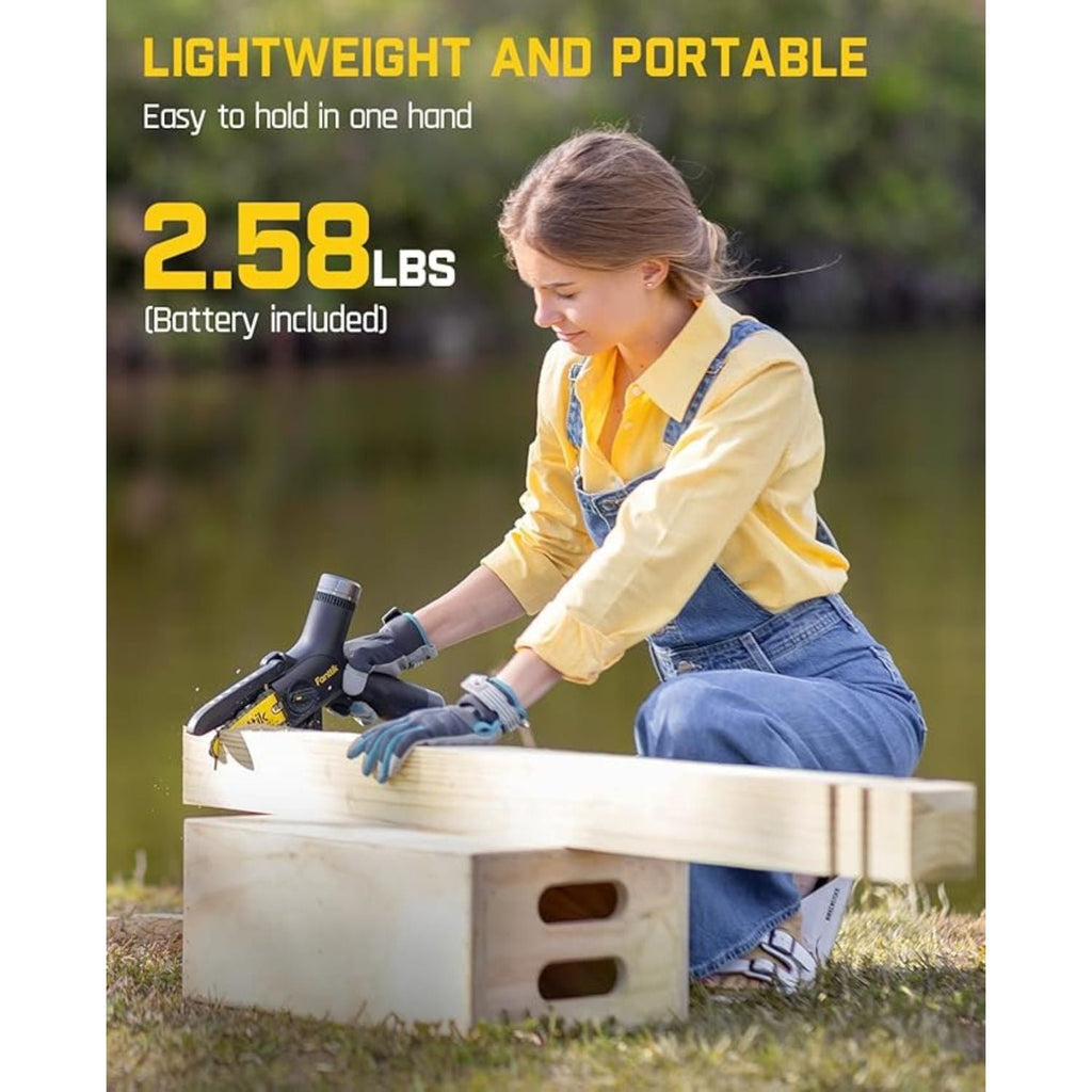 Woman using the lightweight Fanttik W10 APEX mini chainsaw, weighing 2.58 lbs with battery included.