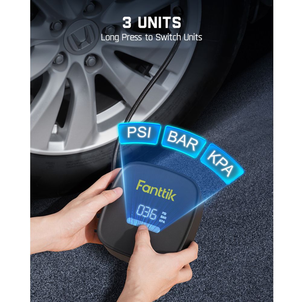Fanttik X9 SE tire inflator displaying 036 PSI with PSI, BAR, KPA unit options and car wheel.