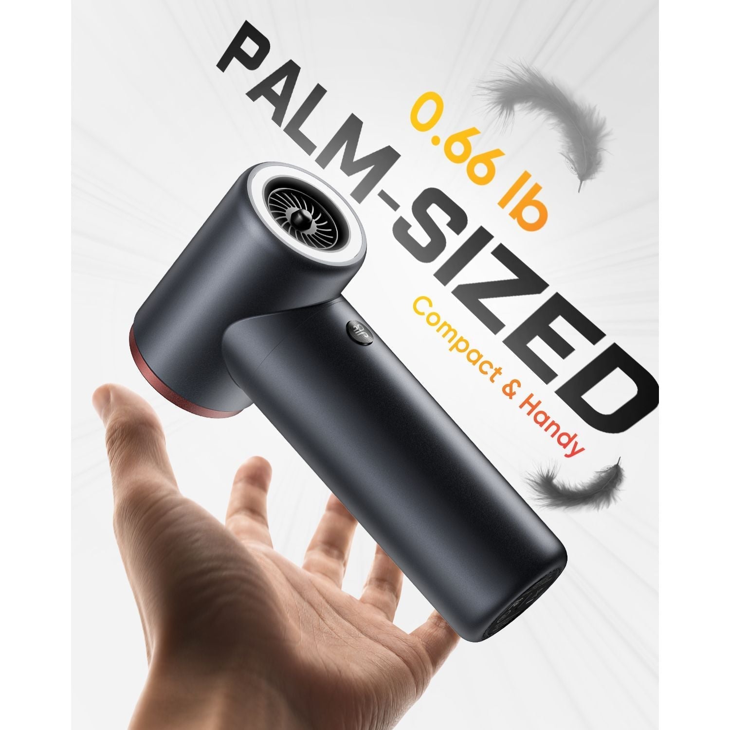 A hand holding a compact black air duster shown with large promotional text reading 'PALM-SIZED 0.66 lb Compact & Handy' on a light background.