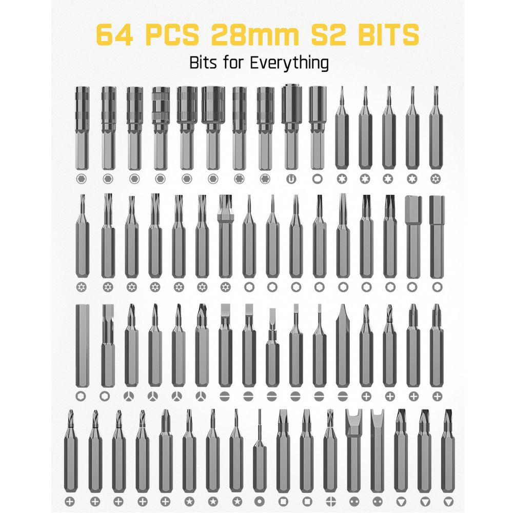 Fanttik E1 NEX Workstation precision screwdriver kit with 64 S2 bits for various electronics repairs.