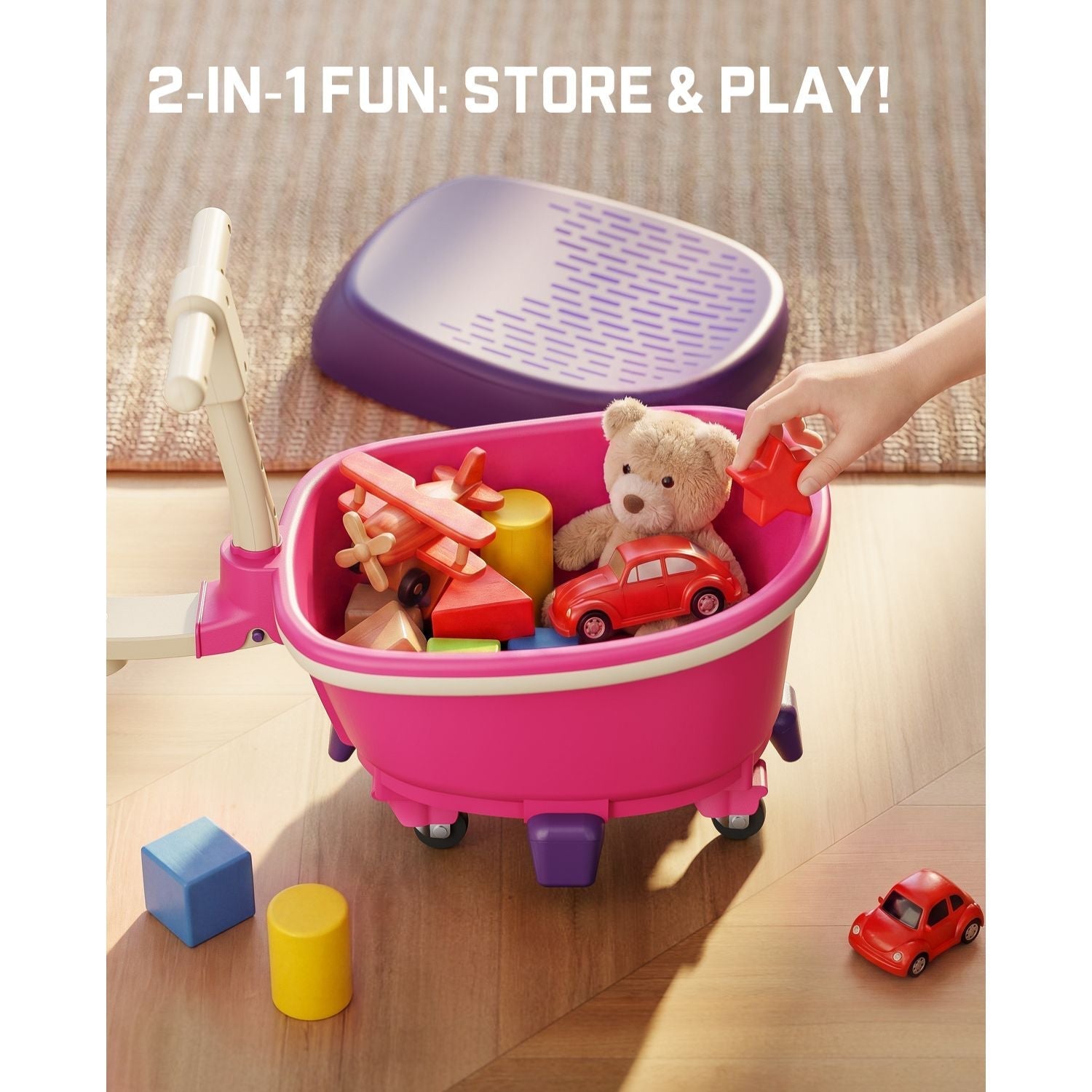 Pink FanttikRide N10 trailer with toys, showing 2-in-1 store and play design