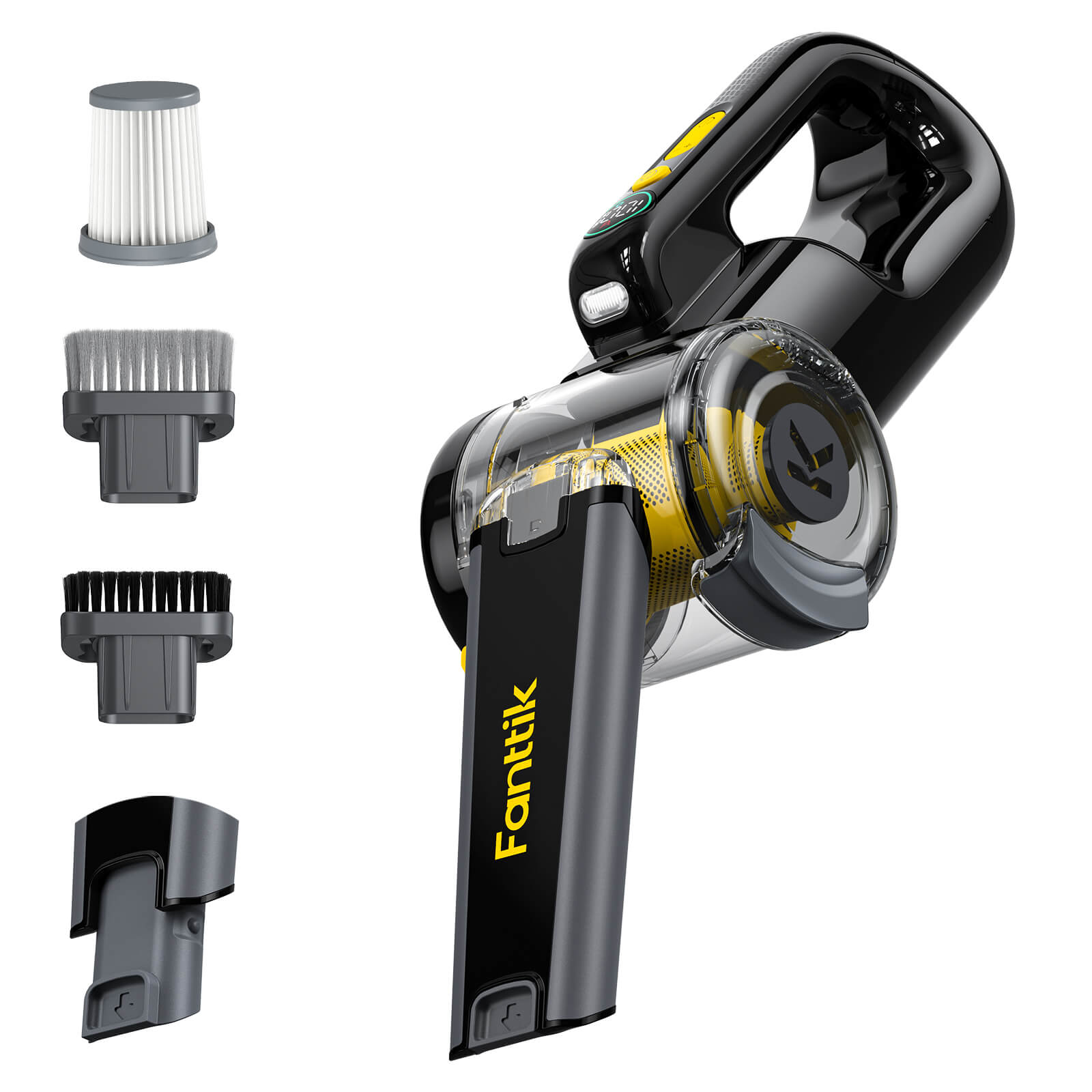 Fanttik V10 APEX foldable car vacuum with filter and brush attachments, black and yellow