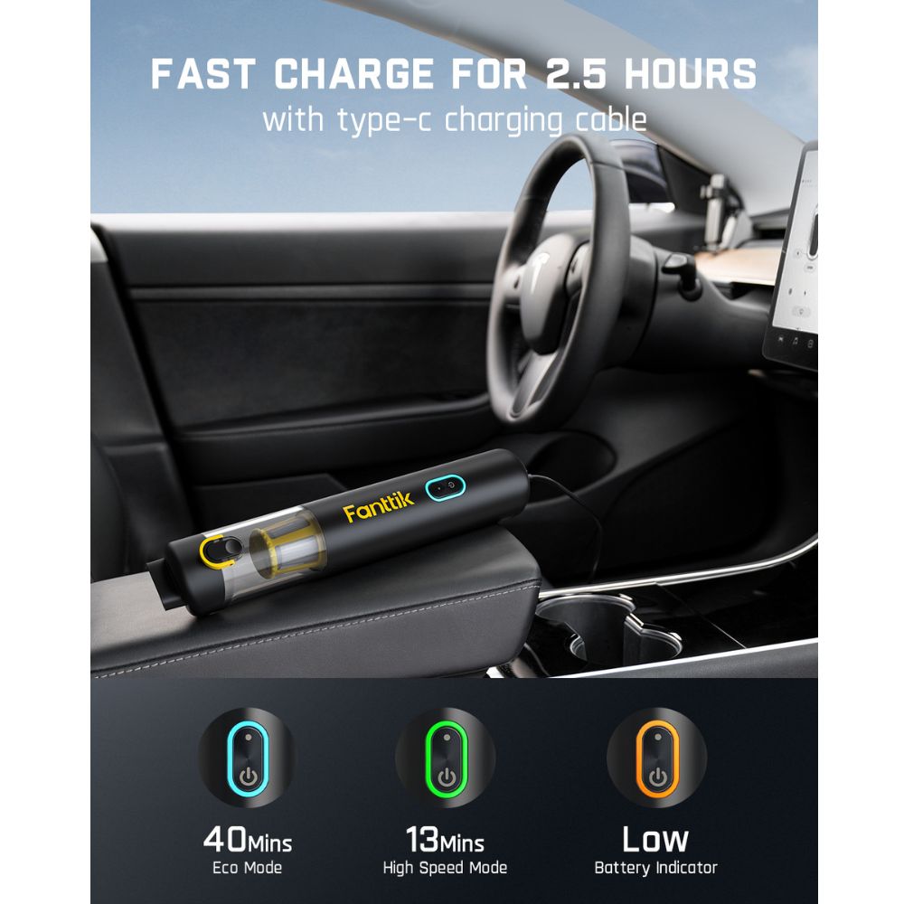 Fanttik car vacuum fast charging 2.5 hours via USB-C. Shows 40 min Eco Mode, 13 min High Speed, and Low Battery indicators.