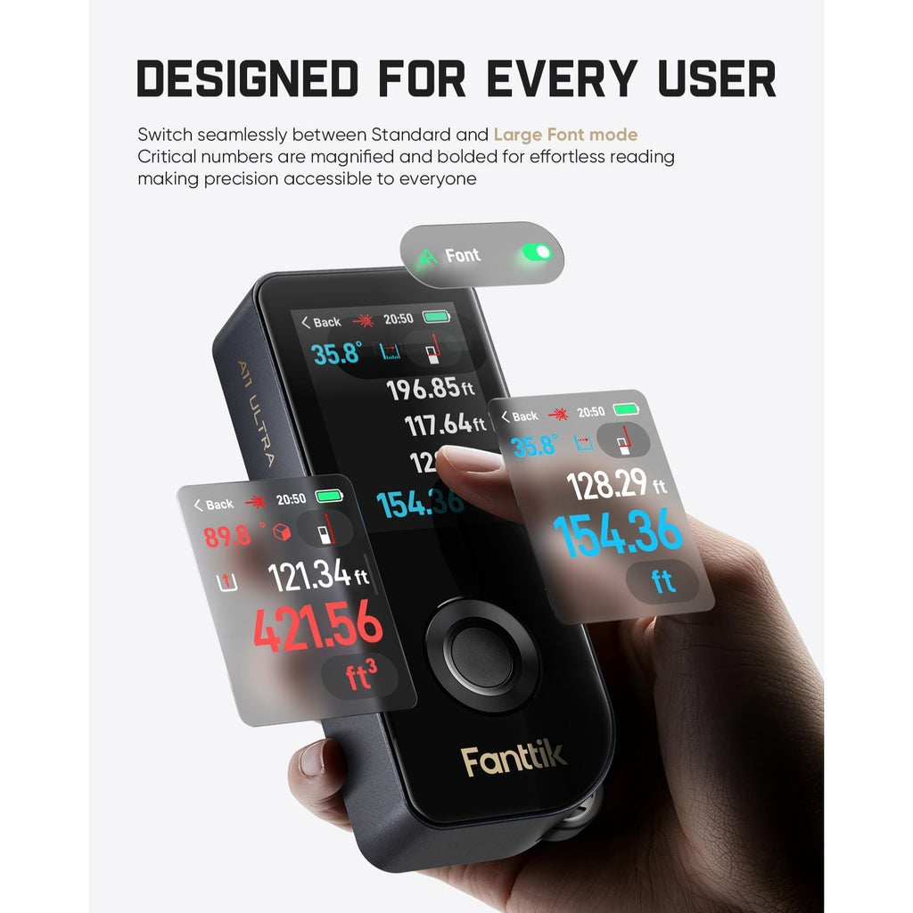 Hand holding a Fanttik A11 Ultra 3-in-1 Laser Measuring Tool with multiple display screens, featuring the brand 'Fanttik'.