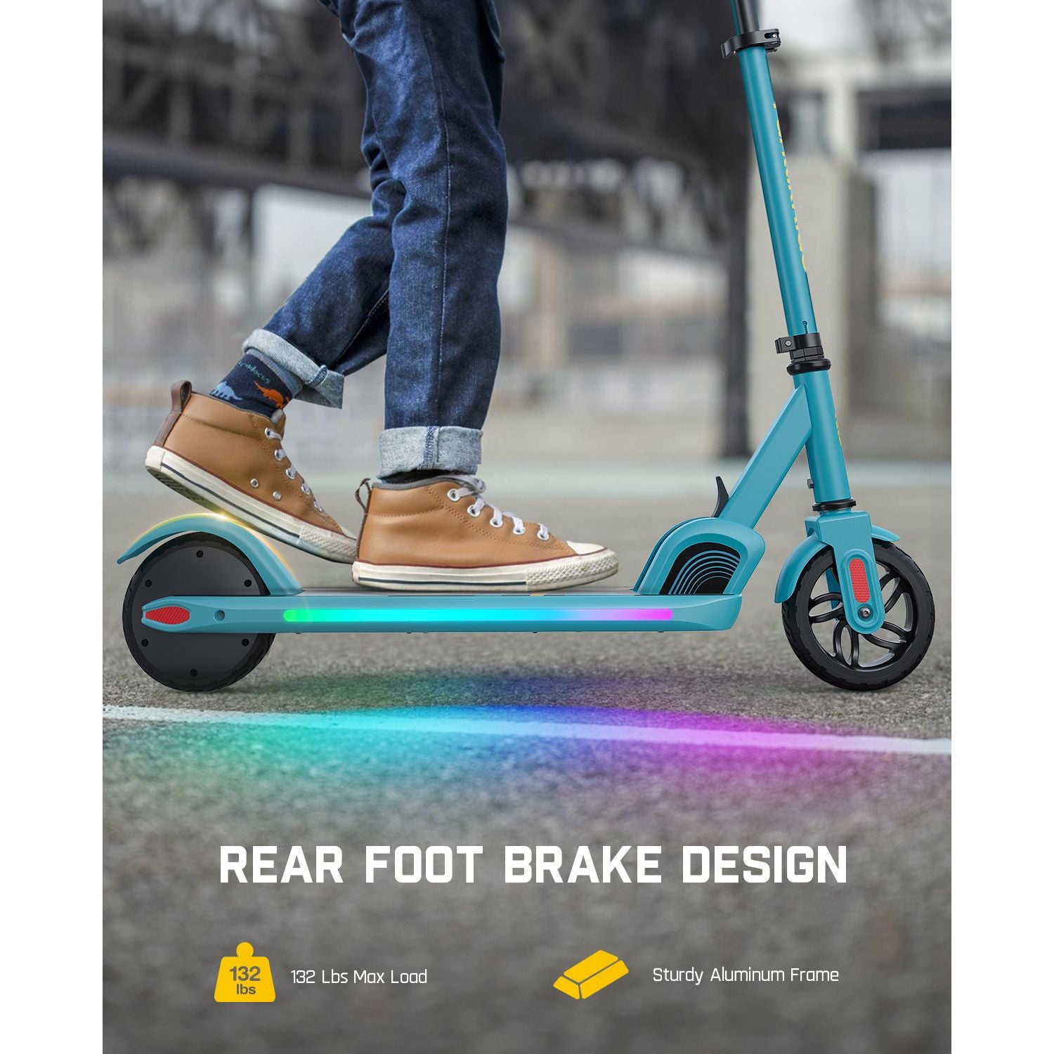 Blue FanttikRide C9 Pro kids electric scooter with rear foot brake, LED lights, 132 lbs max load, aluminum frame.