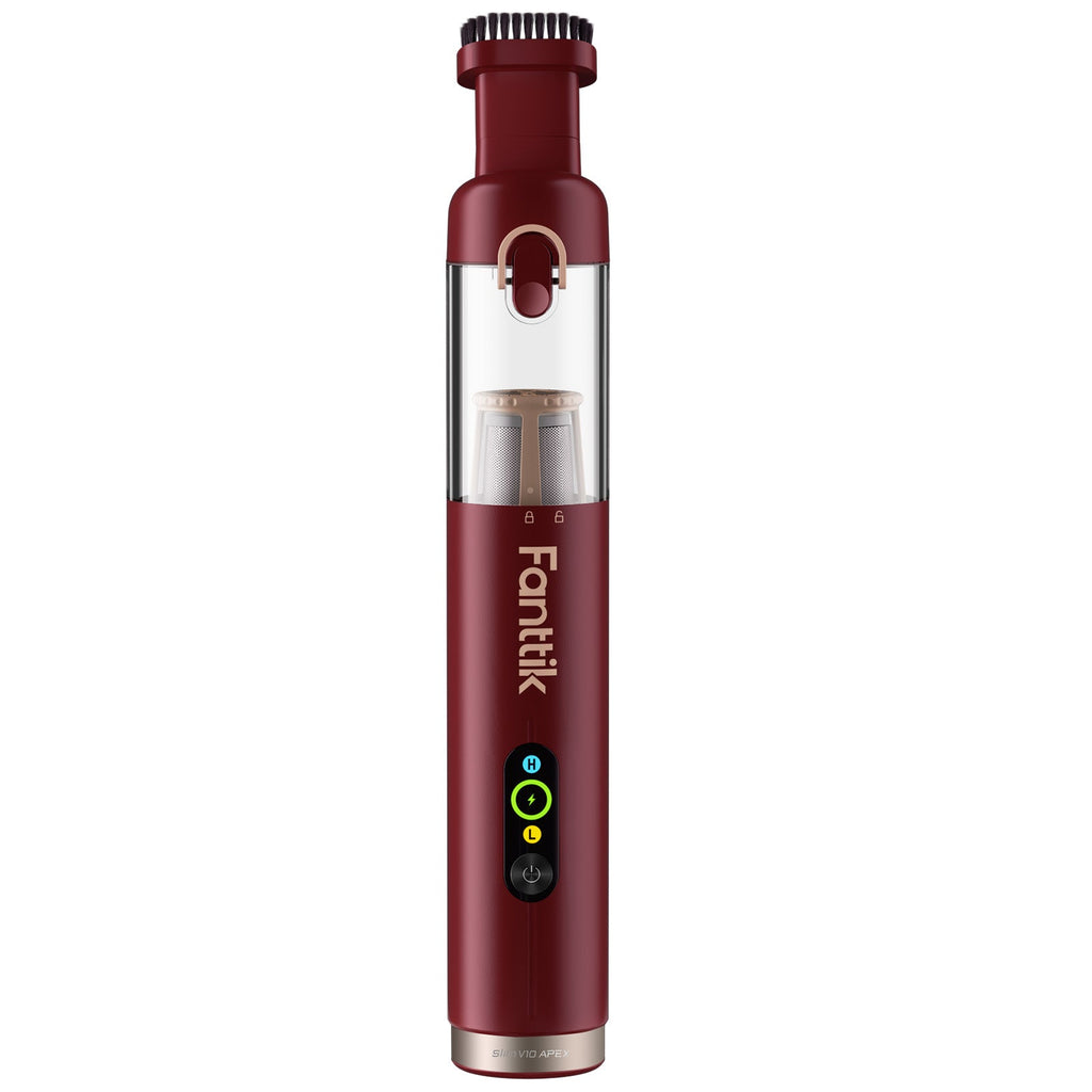 Red Fanttik Slim V10 Apex cordless car vacuum with clear dustbin and brush attachment