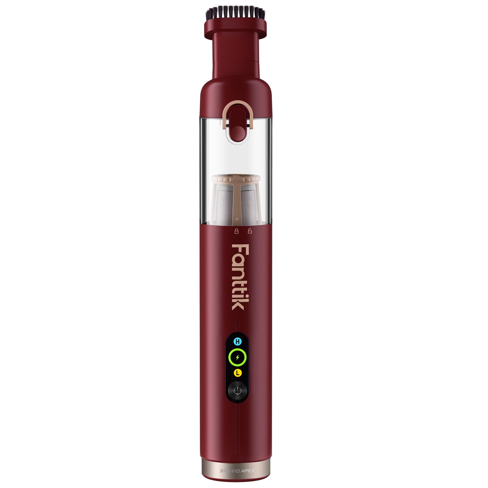 Red Fanttik Slim V10 Apex cordless car vacuum with clear dustbin and brush attachment