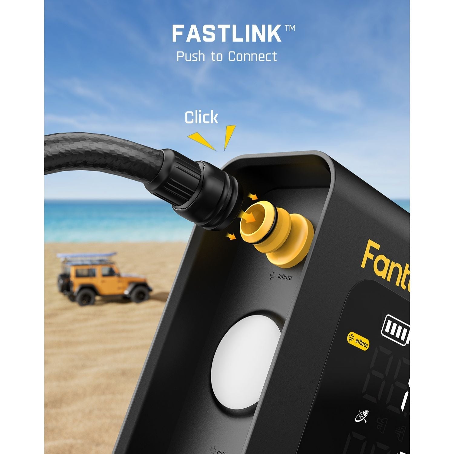 Fanttik X9 Cross paddle board air pump hose connection with 'FASTLINK Push to Connect' text.