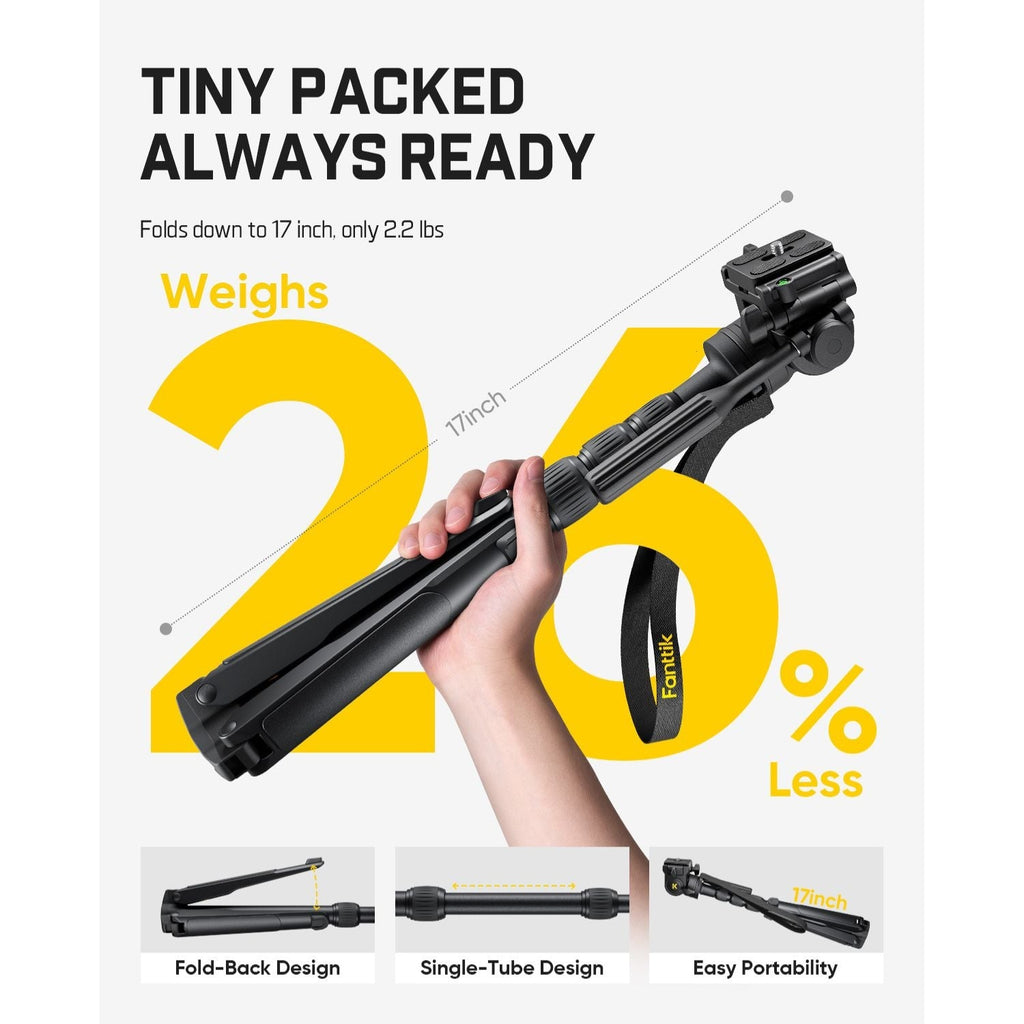 Fanttik DT10 Pro black tripod, folds to 17 inches, weighs 2.2 lbs. Features fold-back design and easy portability.
