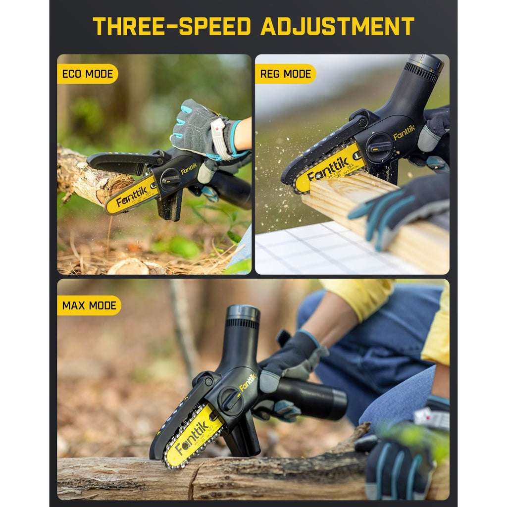 Fanttik W10 APEX mini chainsaw with three speed adjustments: Eco, Reg, and Max modes for different cutting tasks.
