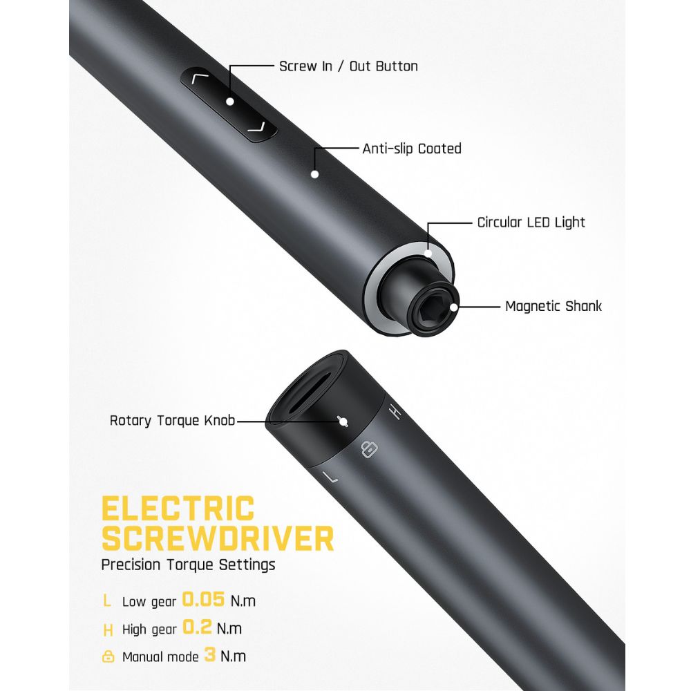 Fanttik E1 NEX electric screwdriver: magnetic shank, LED light, torque knob. Settings: 0.05 N.m, 0.2 N.m, 3 N.m manual.