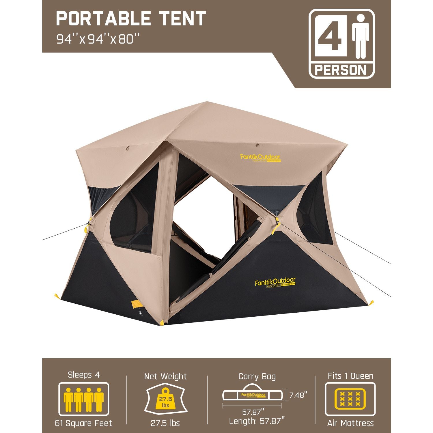 FanttikOutdoor Alpha C4 Ultra 4-person cabin tent, 94"x94"x80", 27.5 lbs, fits queen air mattress.