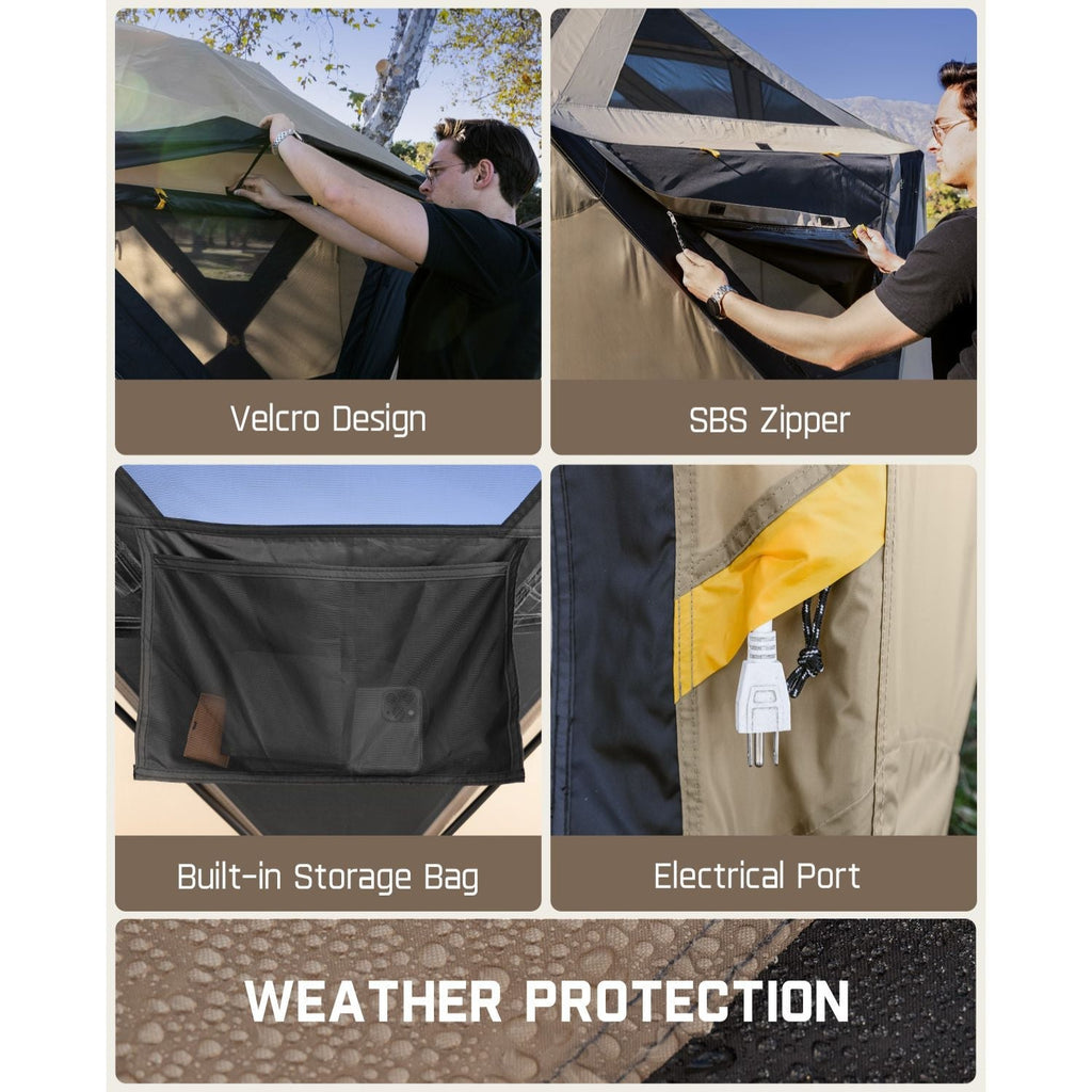 FanttikOutdoor Alpha C6 Ultra tent: Velcro, SBS zipper, storage bag, electrical port, weather protection.