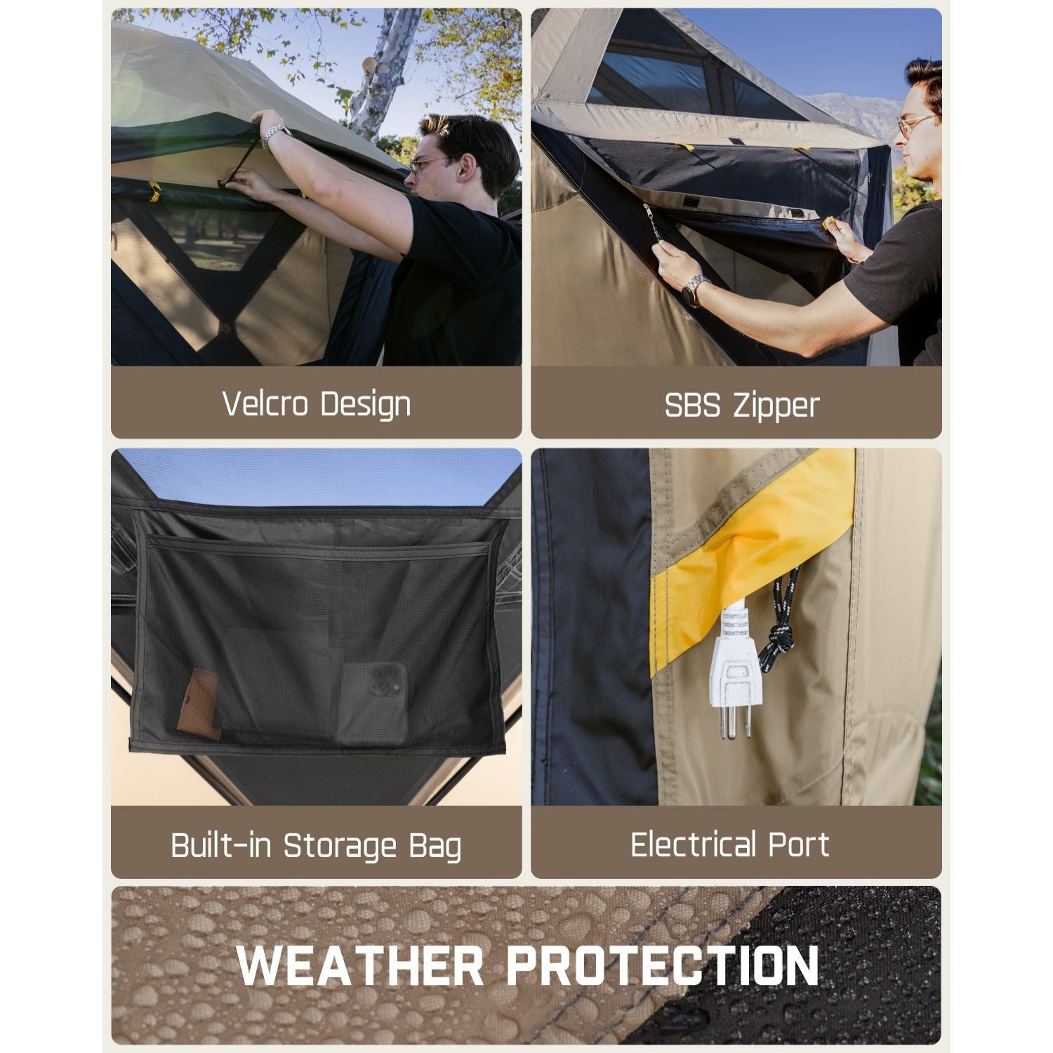 FanttikOutdoor Alpha C6 Ultra tent: Velcro, SBS zipper, storage bag, electrical port, weather protection.