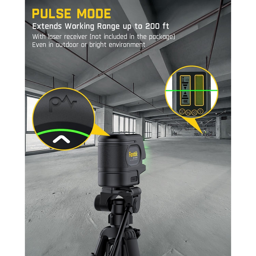 Fanttik D2 APEX laser level with pulse mode extending range to 200 ft, shown in a large room with tripod mount.