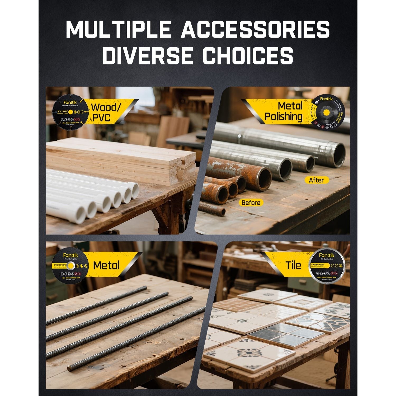 Fanttik M10 ACE angle grinder accessories: wood/PVC, metal polishing, metal, and tile cutting discs with materials.