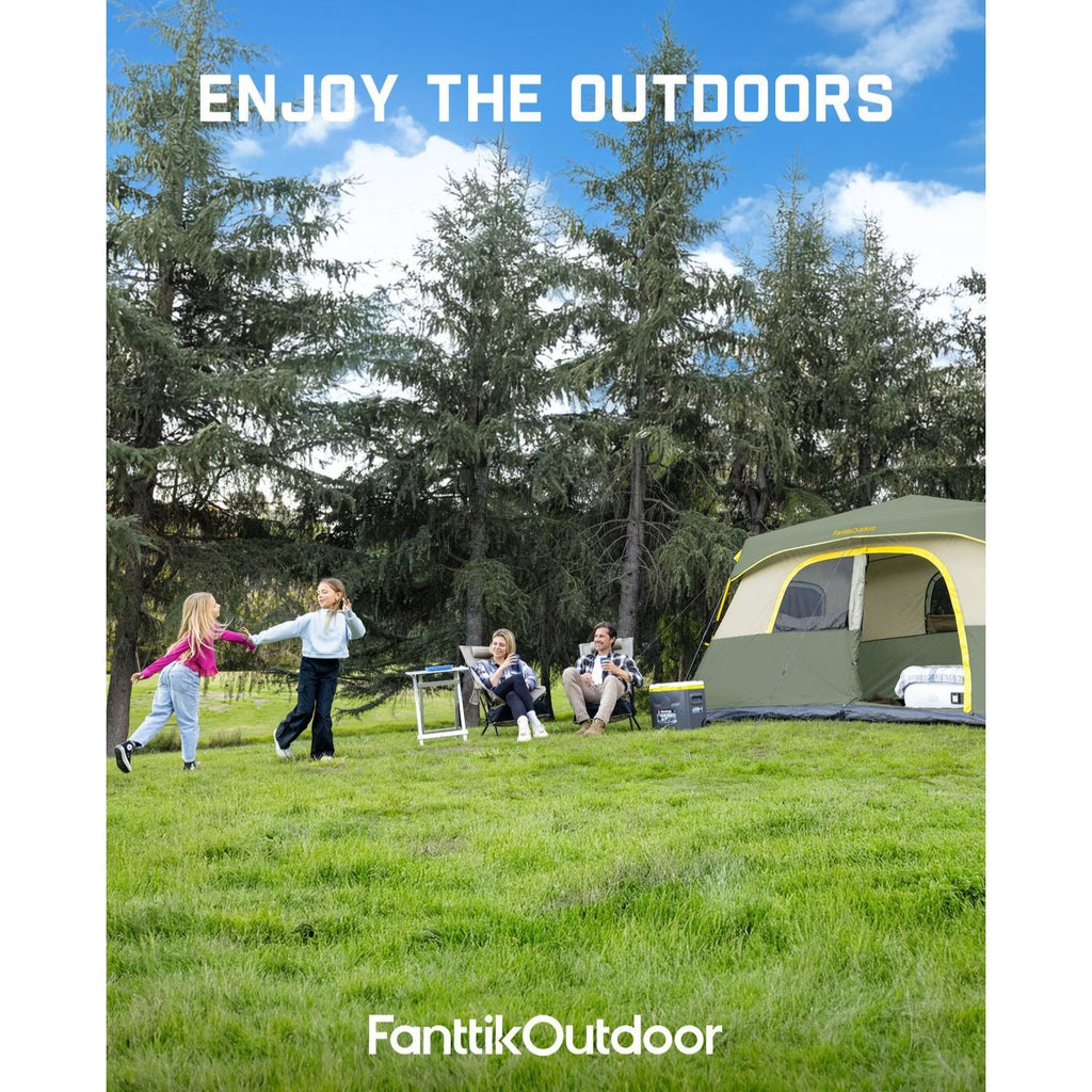Green FanttikOutdoor Zeta C8 Pro 8-person tent with yellow trim, family enjoying outdoors on grassy field.