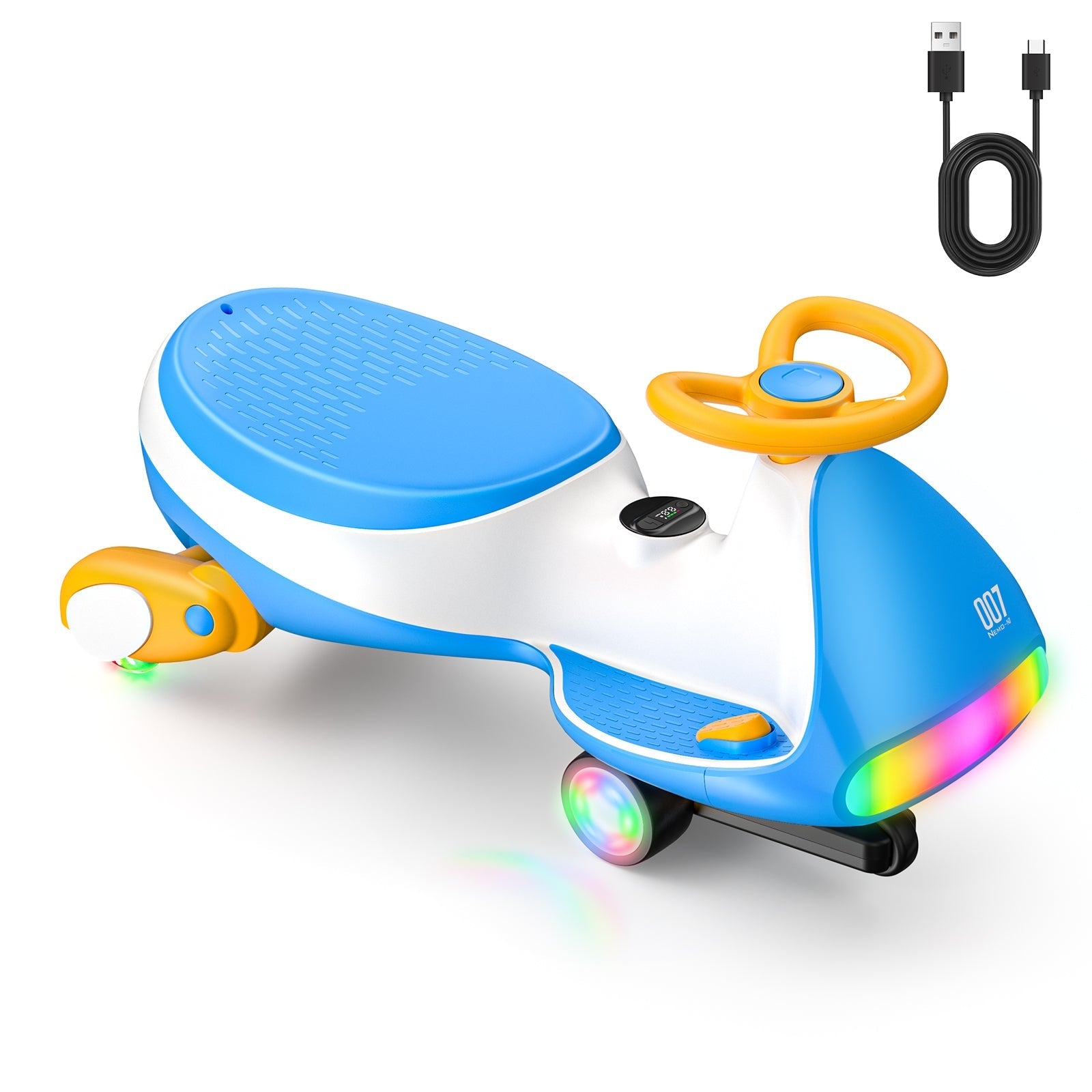 FanttikRide N7 Ultra blue 12V electric wiggle car with pedal, digital display, and LED lights. Includes USB-C charging cable.