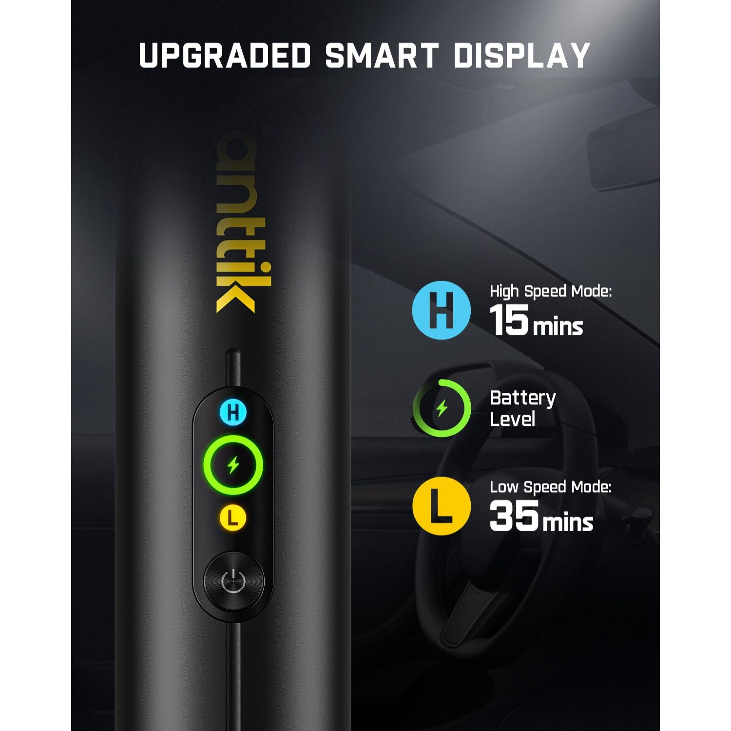 Fanttik Slim V10 Mate cordless car vacuum display: High Speed 15 mins, Low Speed 35 mins, battery level.