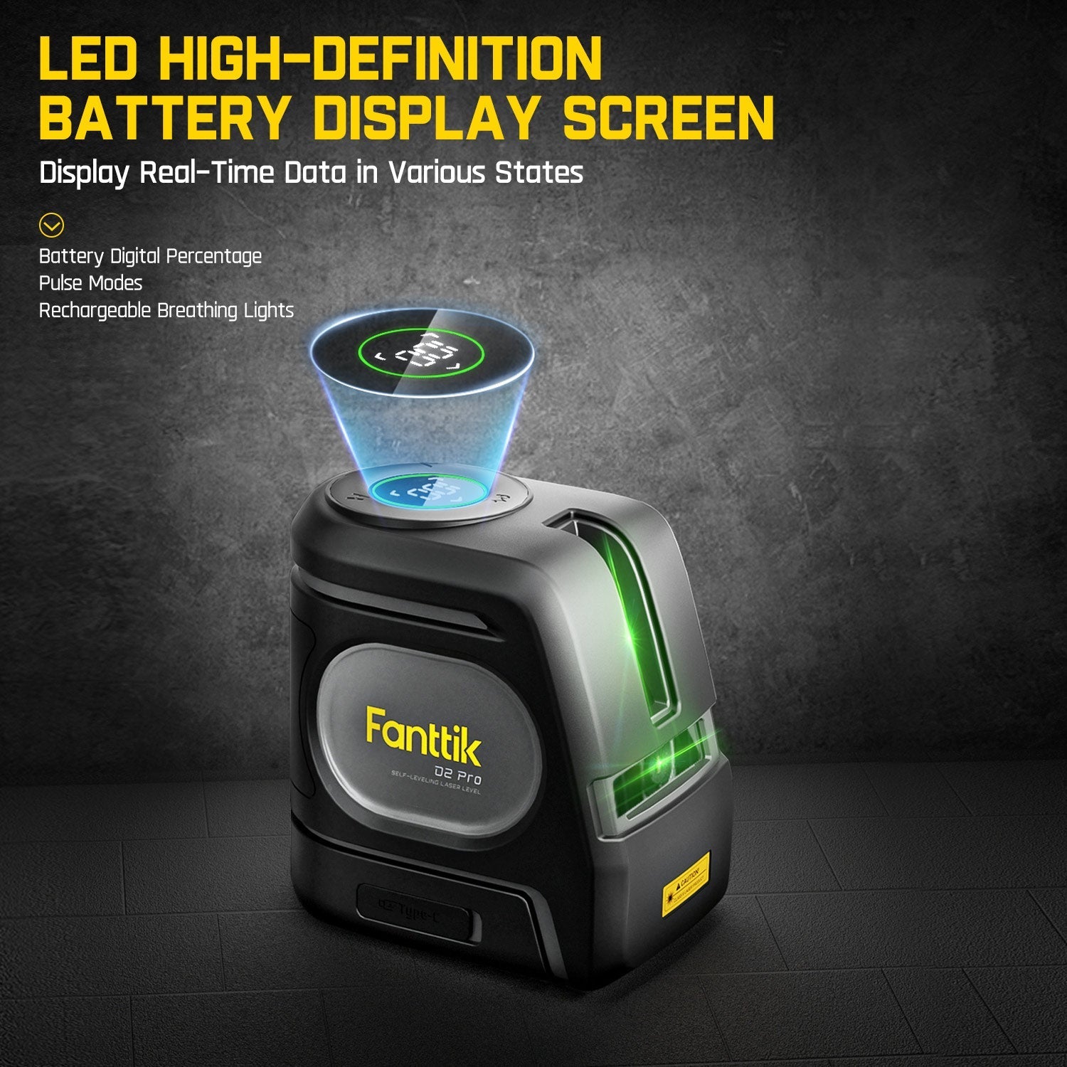 Fanttik D2 PRO laser level with LED digital screen showing battery percentage and pulse modes.