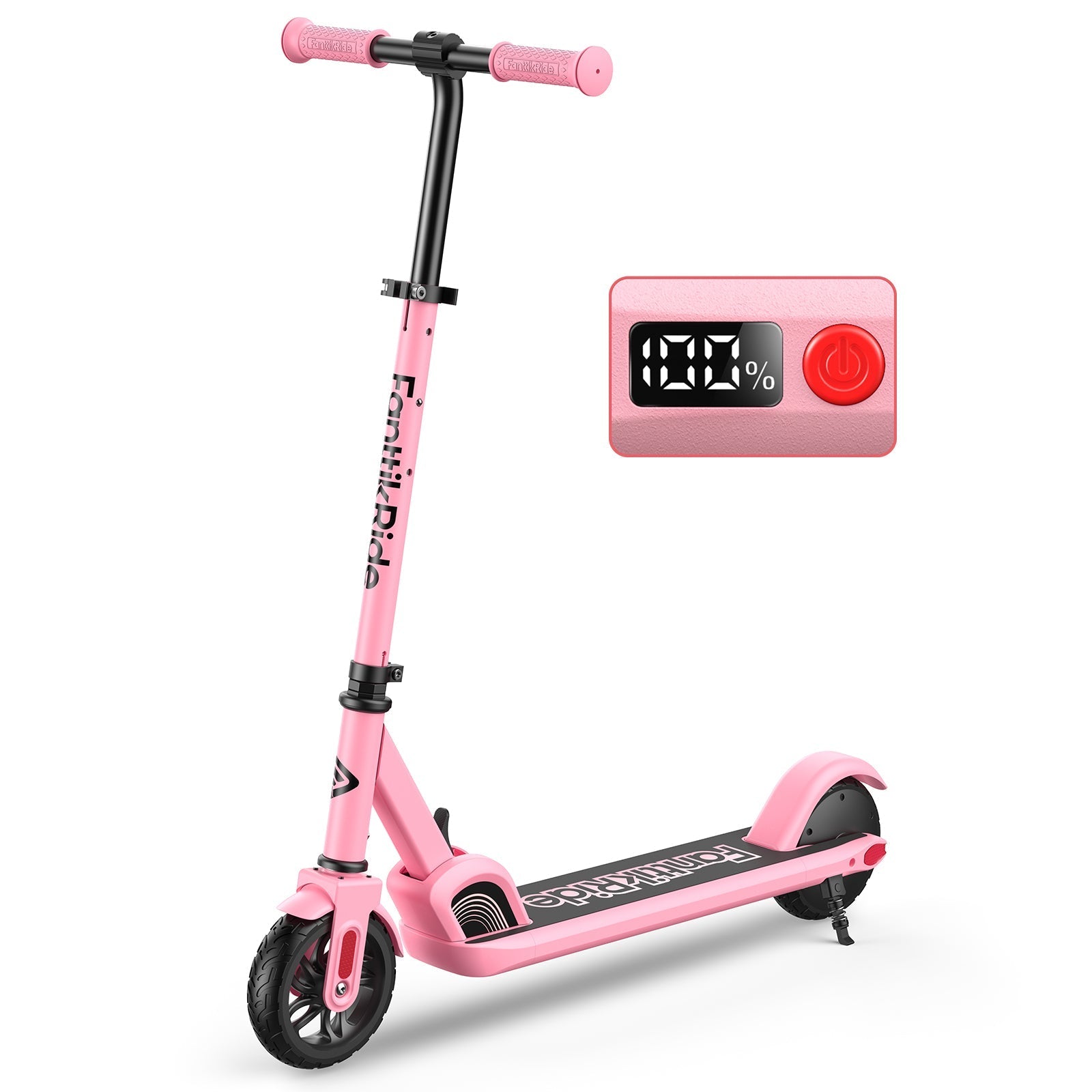 Pink FanttikRide C9 electric scooter for kids with display showing 100% battery.