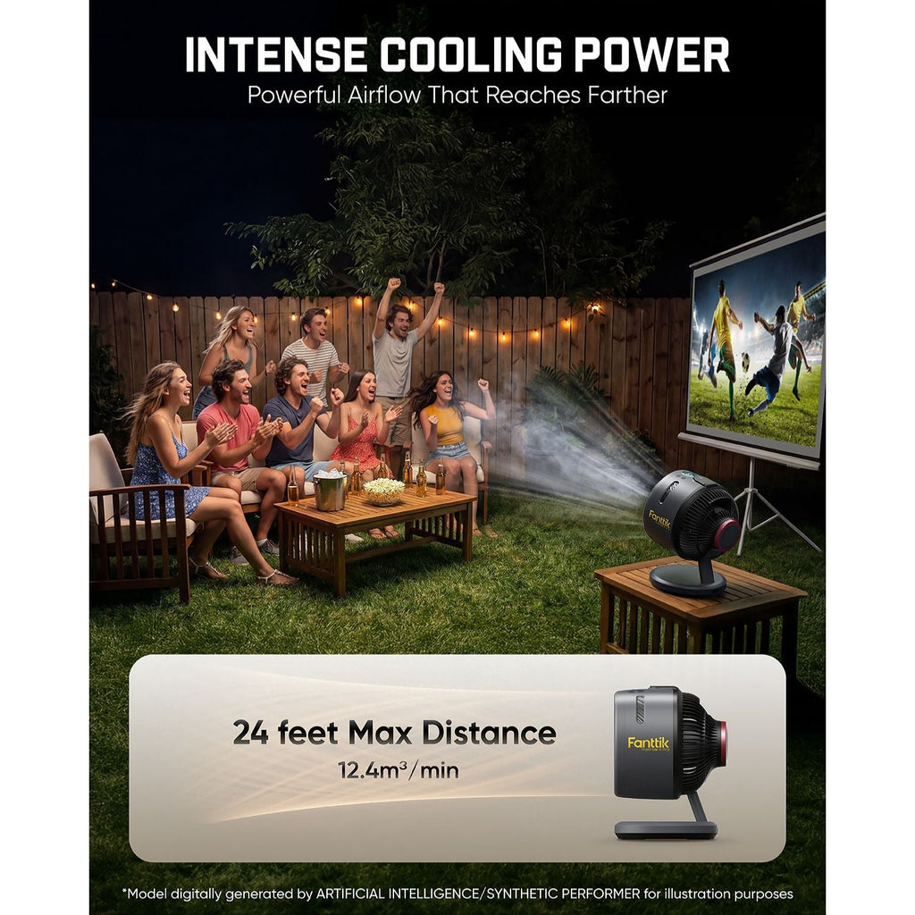 Outdoor setting with people watching a movie on a screen, featuring a device with 'Intense Cooling Power' text.