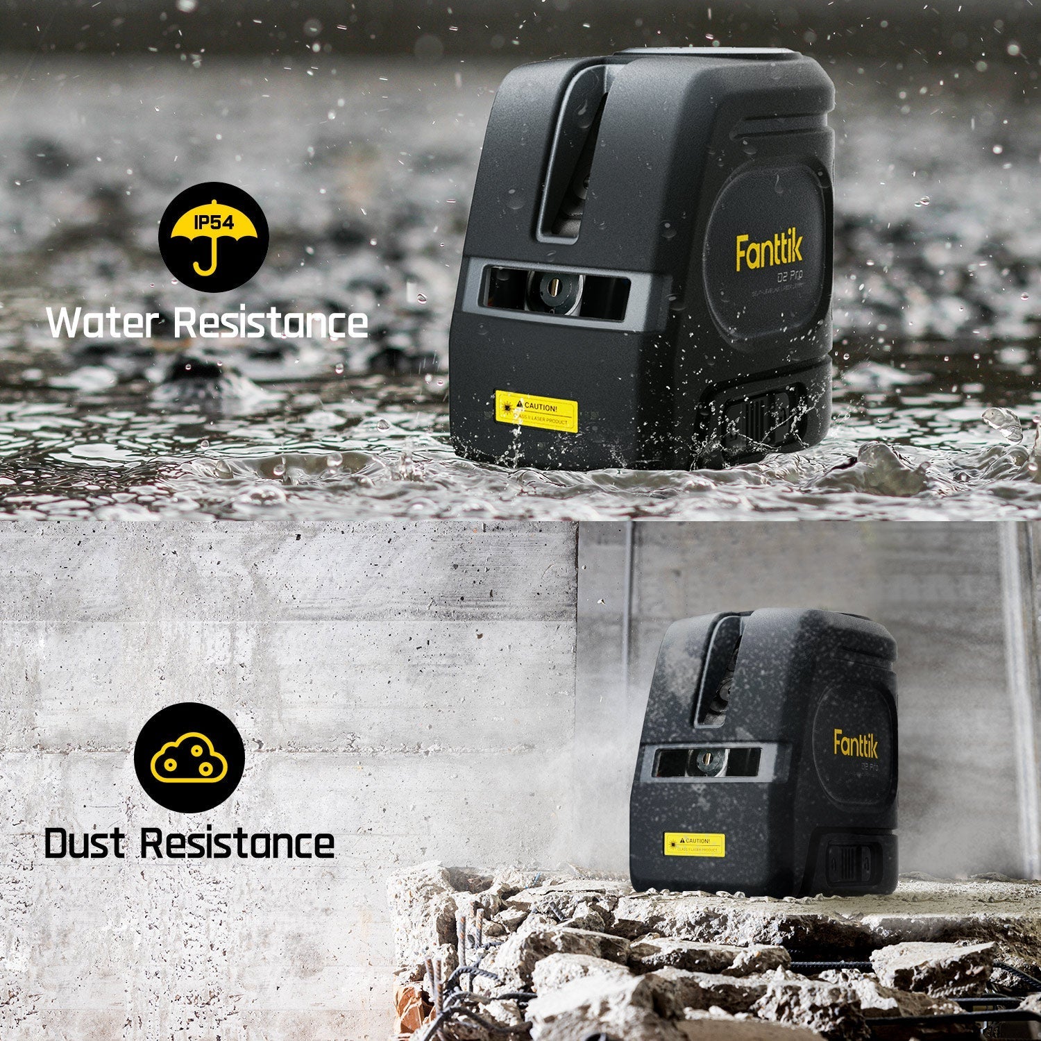 Fanttik D2 PRO laser level showing IP54 water and dust resistance features