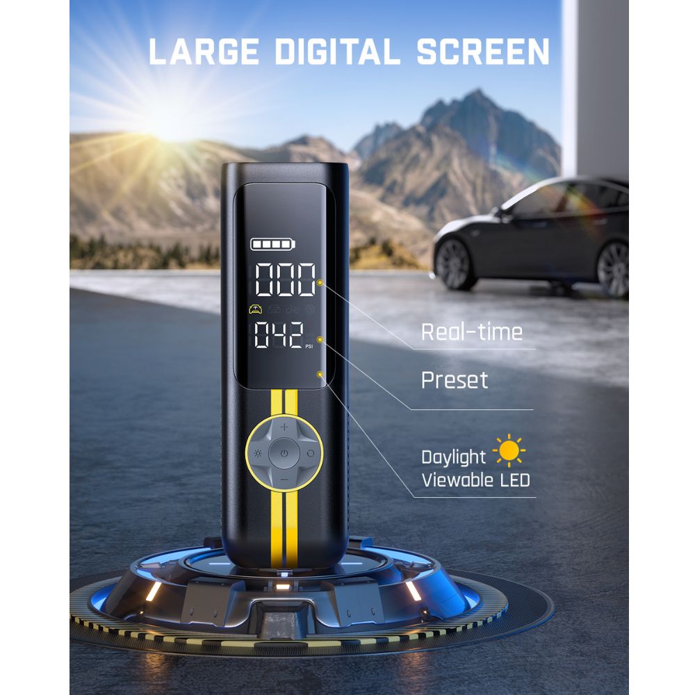 Fanttik X8 APEX EV tire inflator: large digital screen displays 042 PSI, battery, real-time/preset modes, and LED.