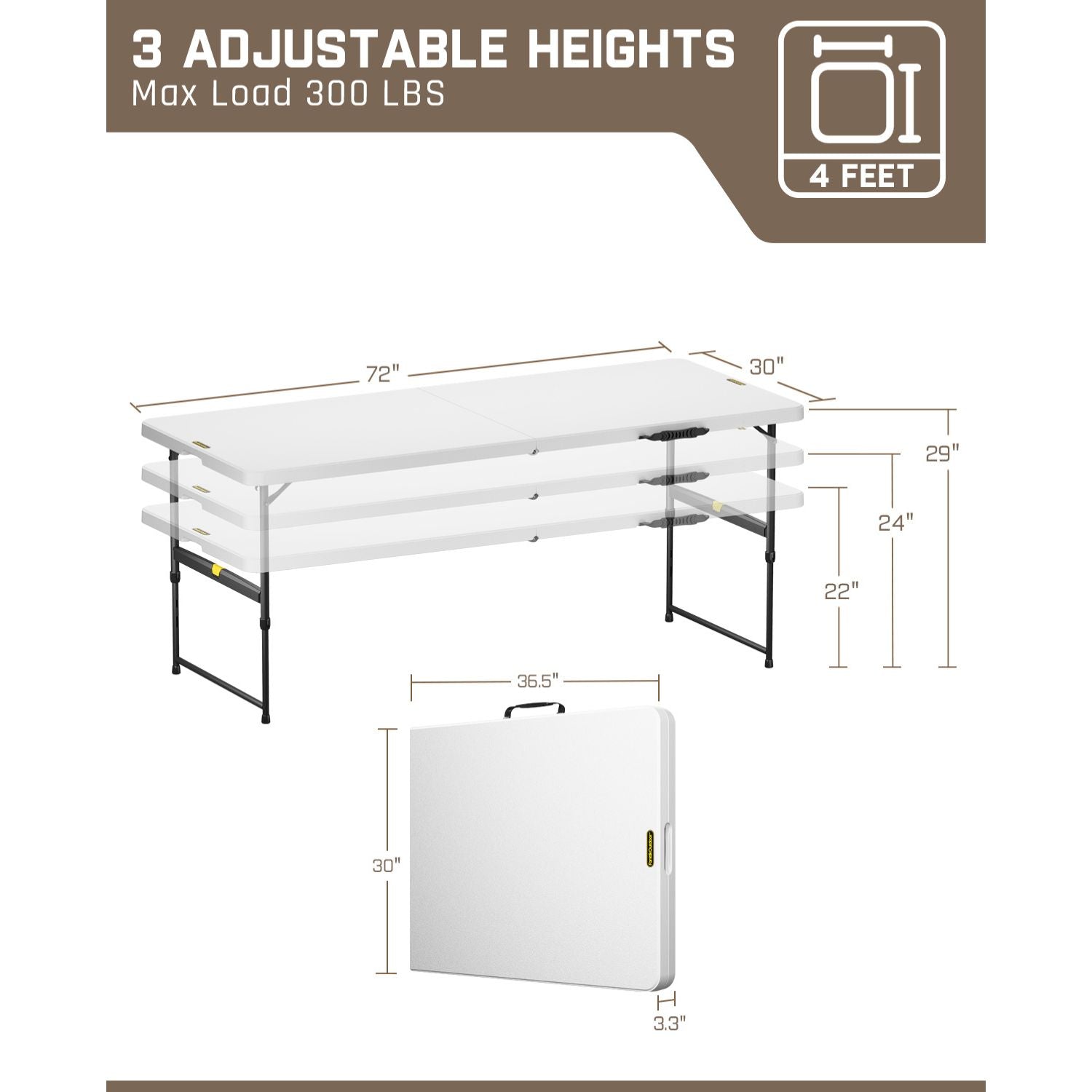 FanttikOutdoor Zeta X6 Pro 6ft folding table: 3 adjustable heights (22", 24", 29"), 300 lbs max load. Folded: 36.5"x30"x3.3".