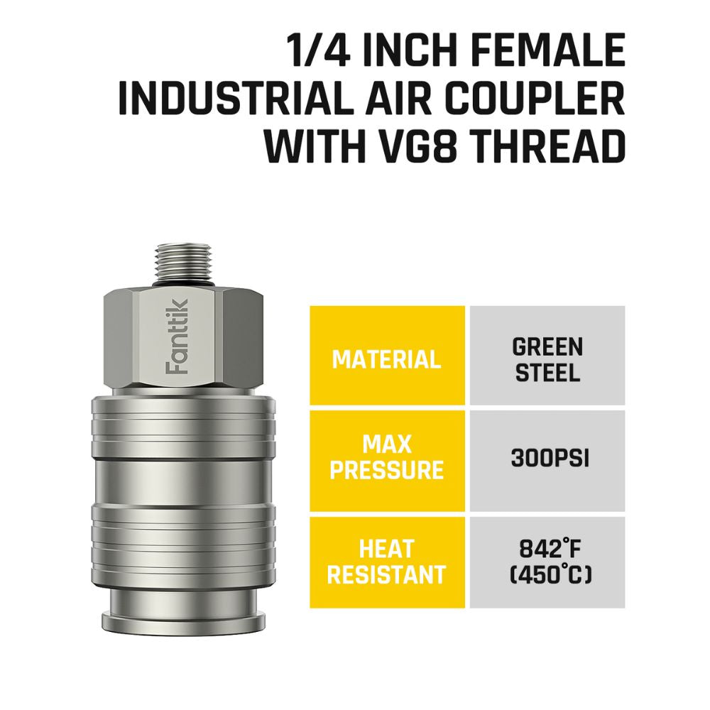 Fanttik S08 1/4" industrial air coupler. Green steel, 300PSI max pressure, heat resistant.