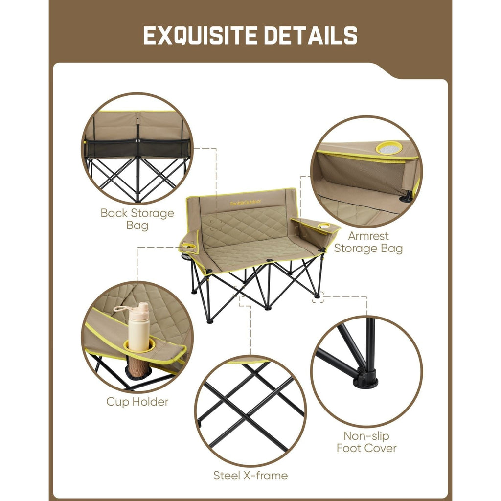 FanttikOutdoor double camping chair with steel X-frame, cup holders, storage bags, and non-slip foot covers