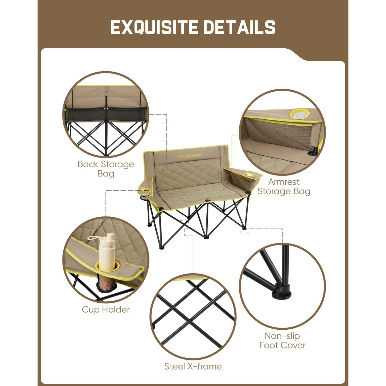 FanttikOutdoor double camping chair with steel X-frame, cup holders, storage bags, and non-slip foot covers