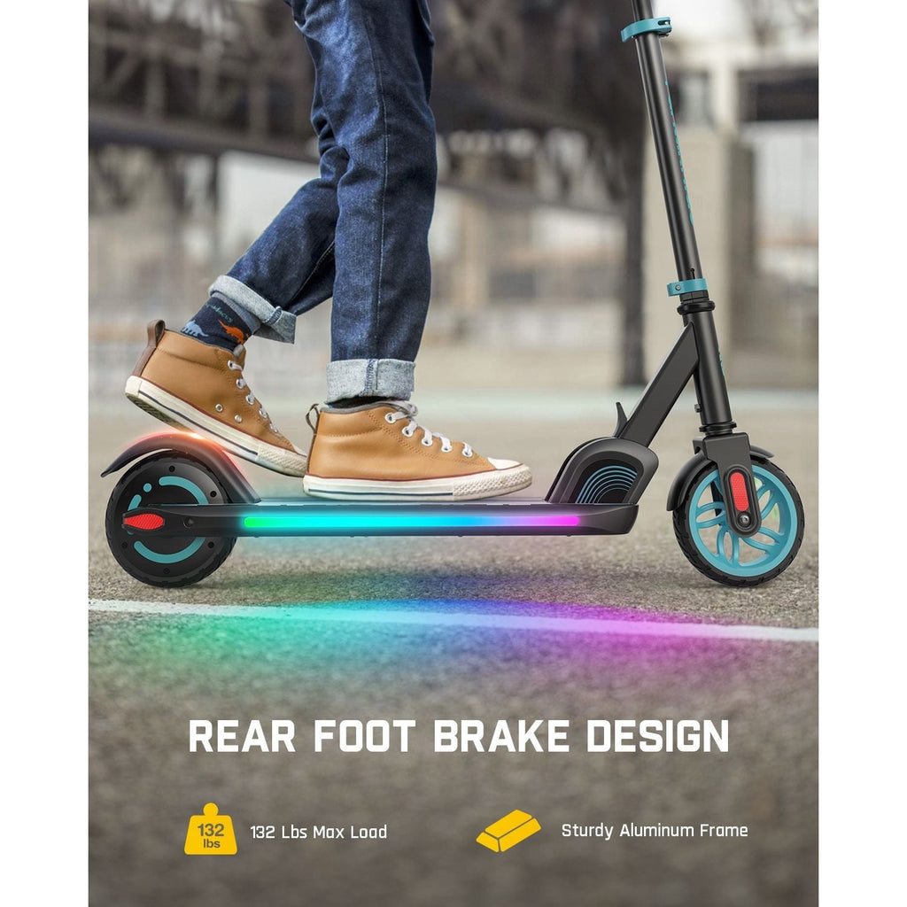 Blue FanttikRide C9 Apex electric scooter for kids with rainbow LED lights and rear foot brake design. Supports 132 lbs max load with a sturdy aluminum frame.