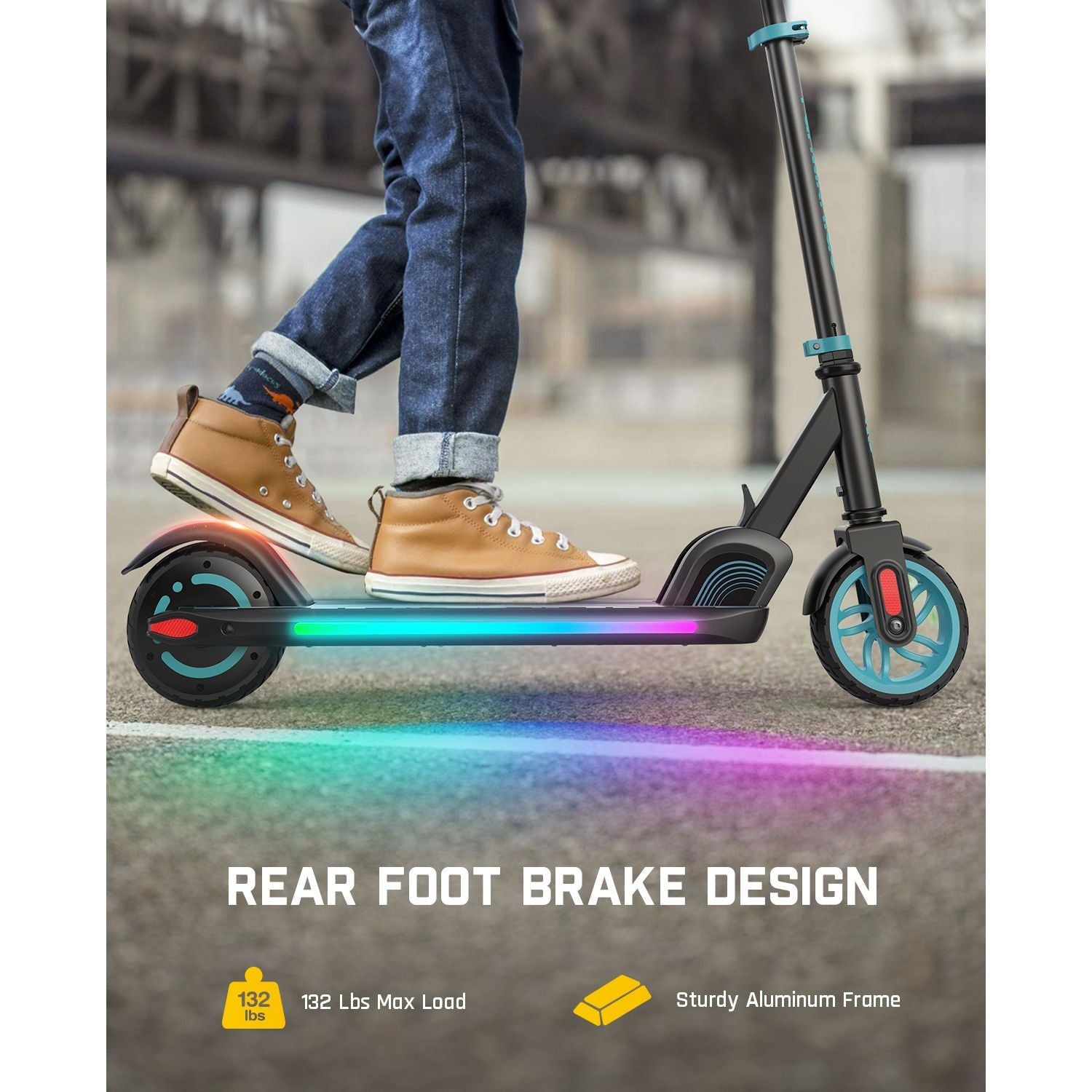 Blue FanttikRide C9 Apex electric scooter for kids with rainbow LED lights and rear foot brake design. Supports 132 lbs max load with a sturdy aluminum frame.