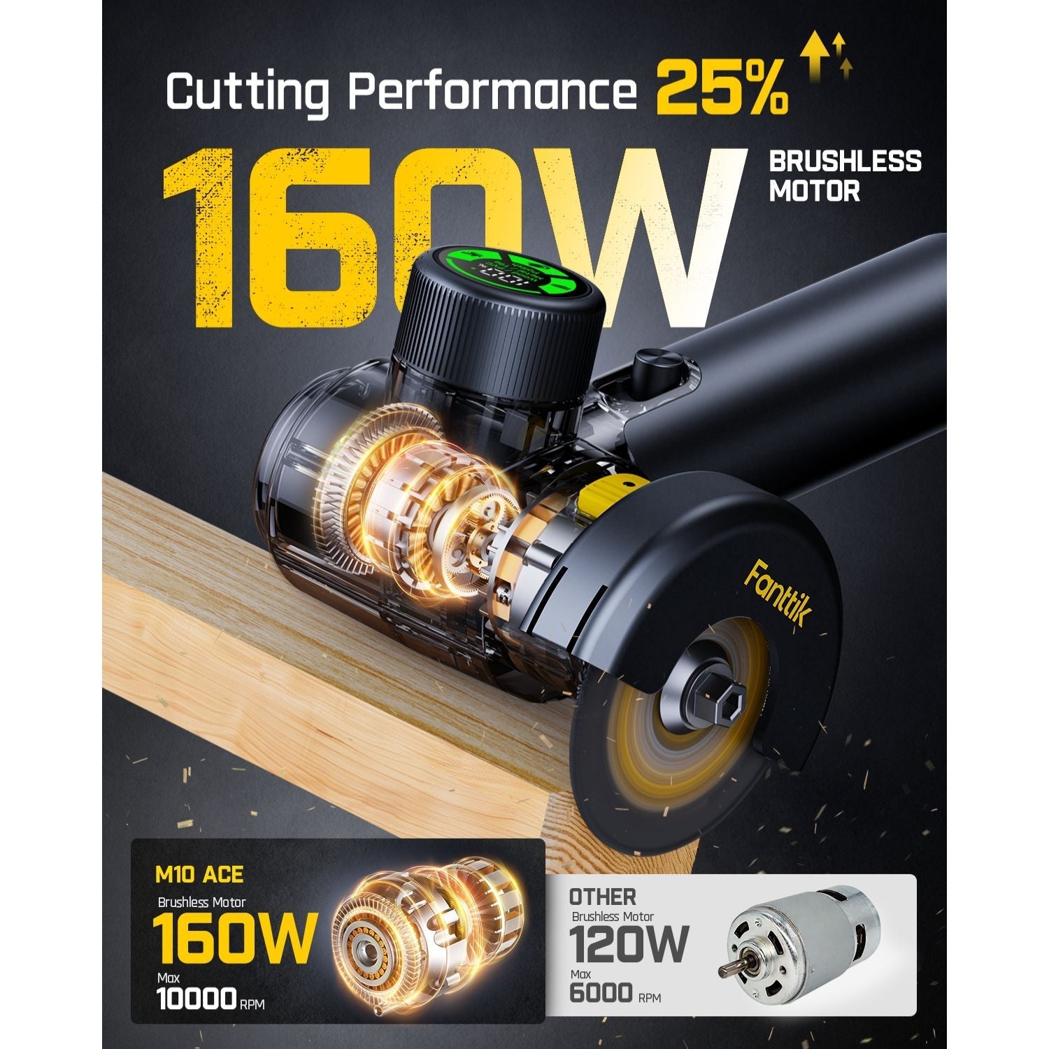 Fanttik M10 ACE cordless angle grinder with 160W brushless motor cutting wood.