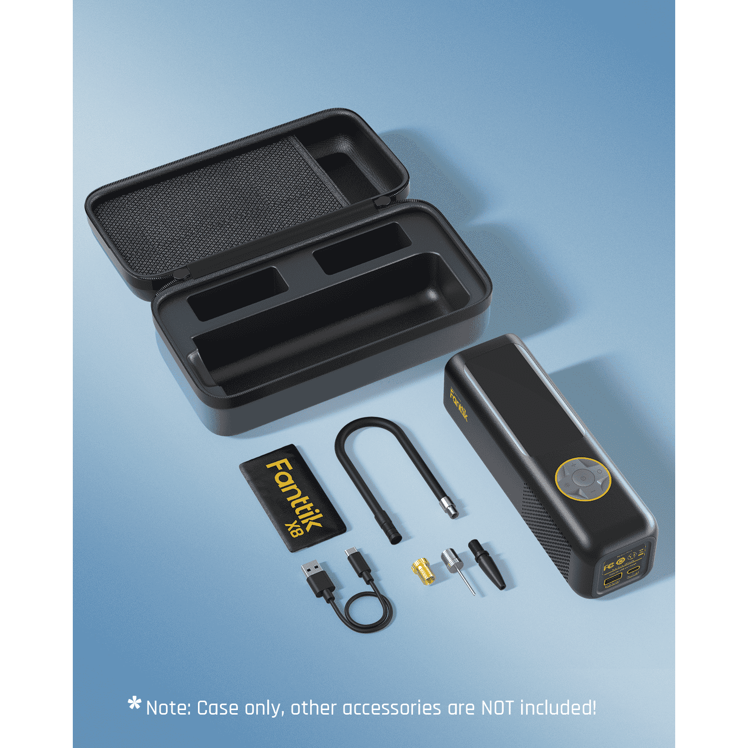 Fanttik X8 APEX tire inflator EVA case open with accessories. Protective storage for inflator, cable, and nozzles.