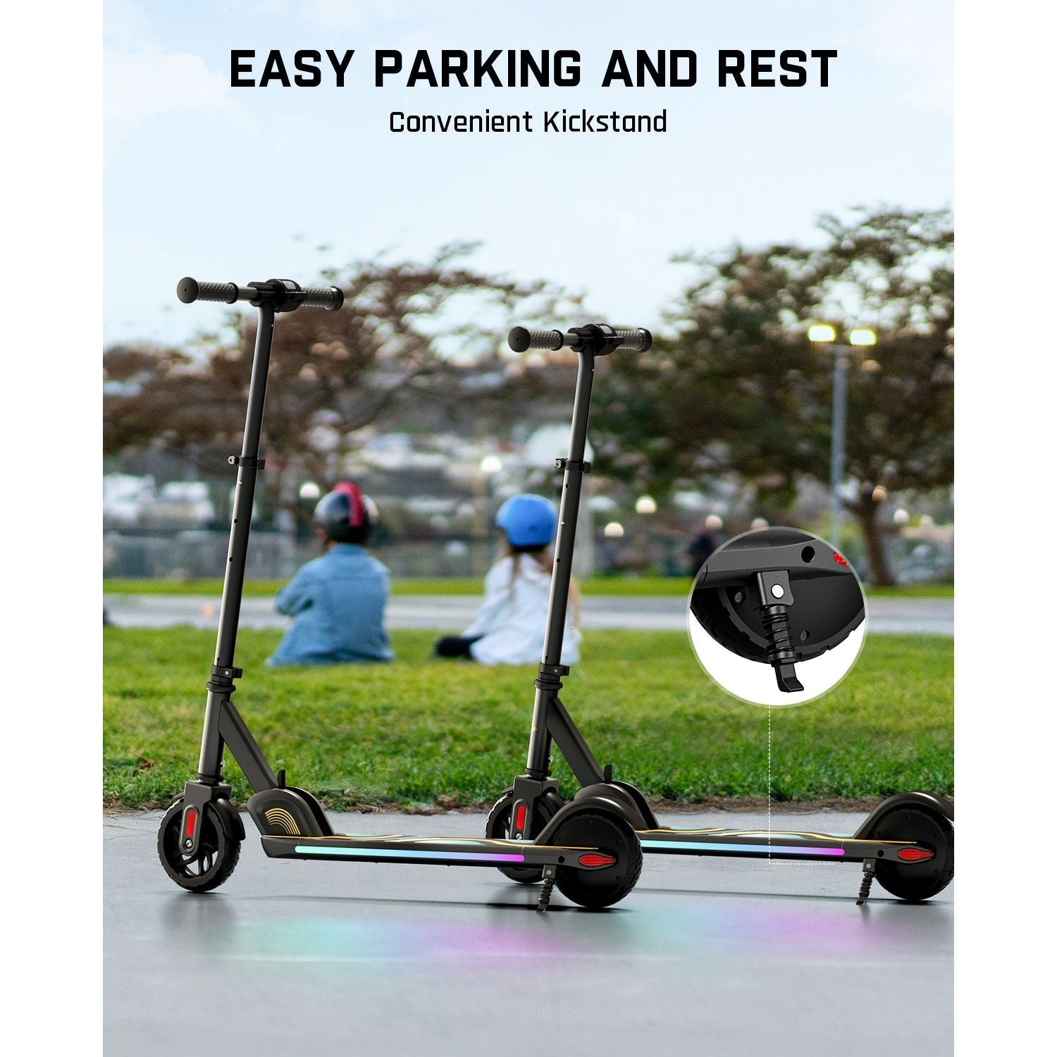FanttikRide C9 Pro kids electric scooter with convenient kickstand and rainbow LED deck lights, parked on pavement.