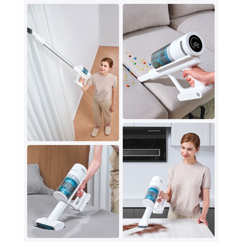 Fanttik Storm 10 Pro cordless stick vacuum cleaner cleaning different surfaces in a home.