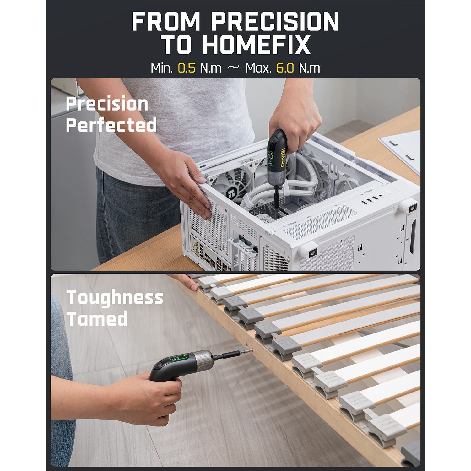 Fanttik L2 Pro electric screwdriver used for PC building and furniture assembly, with torque range from 0.5 to 6.0 N.m.