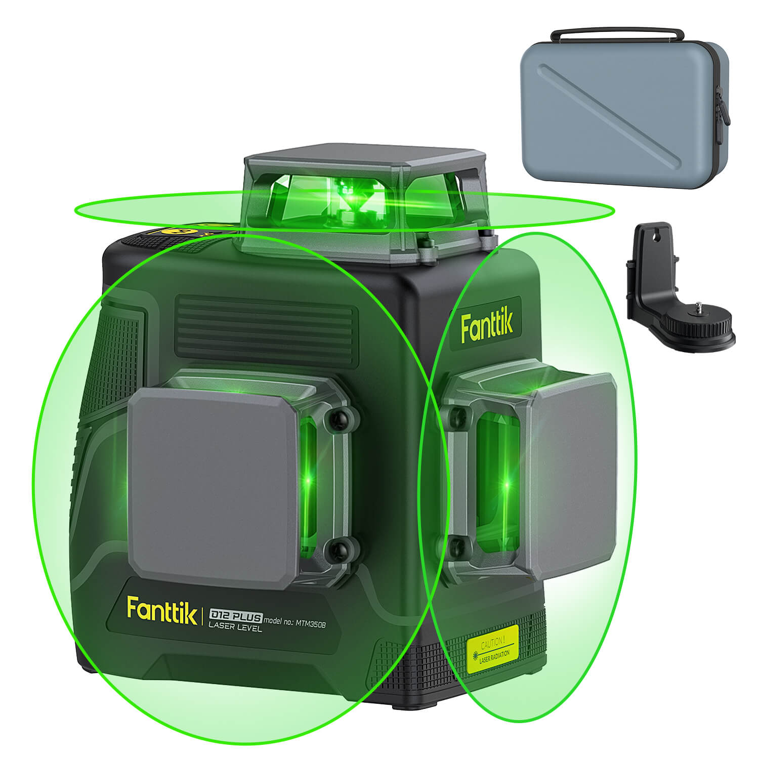Fanttik D12 PLUS 3D green laser level with case and mount. Features three 360° planes.