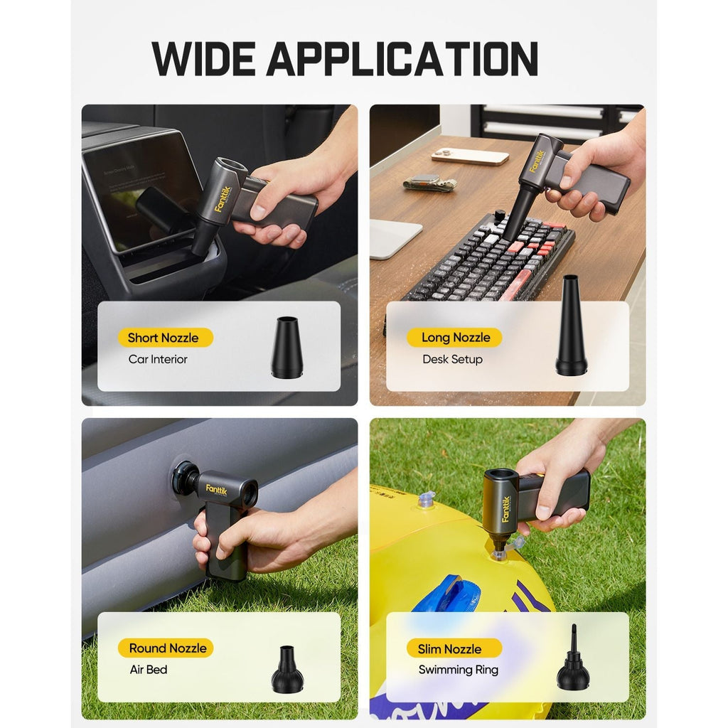 Fanttik B10 Pro Max air duster with various nozzles for car interior, desk setup, air bed, and swimming ring applications.