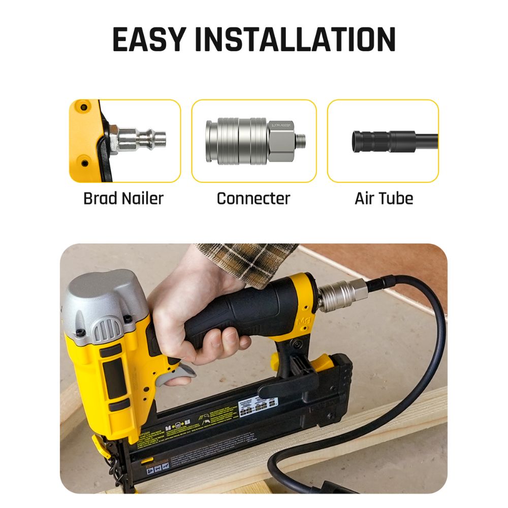 Fanttik S08 1/4-inch industrial air coupler, showing easy installation with brad nailer, silver connector, and air tube.