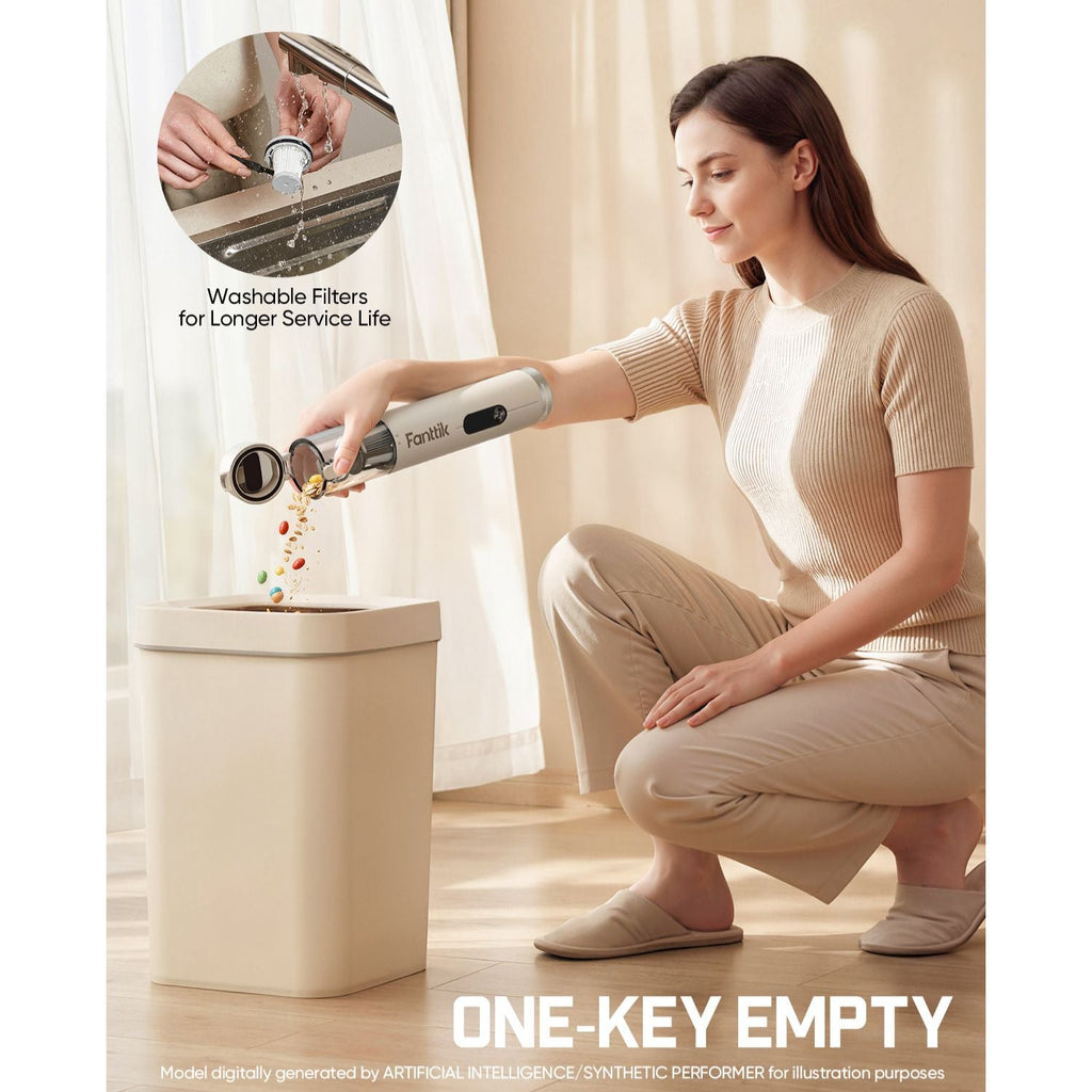 Woman using a car vacuum to empty a trash can with text about washable filters and one-key empty feature.